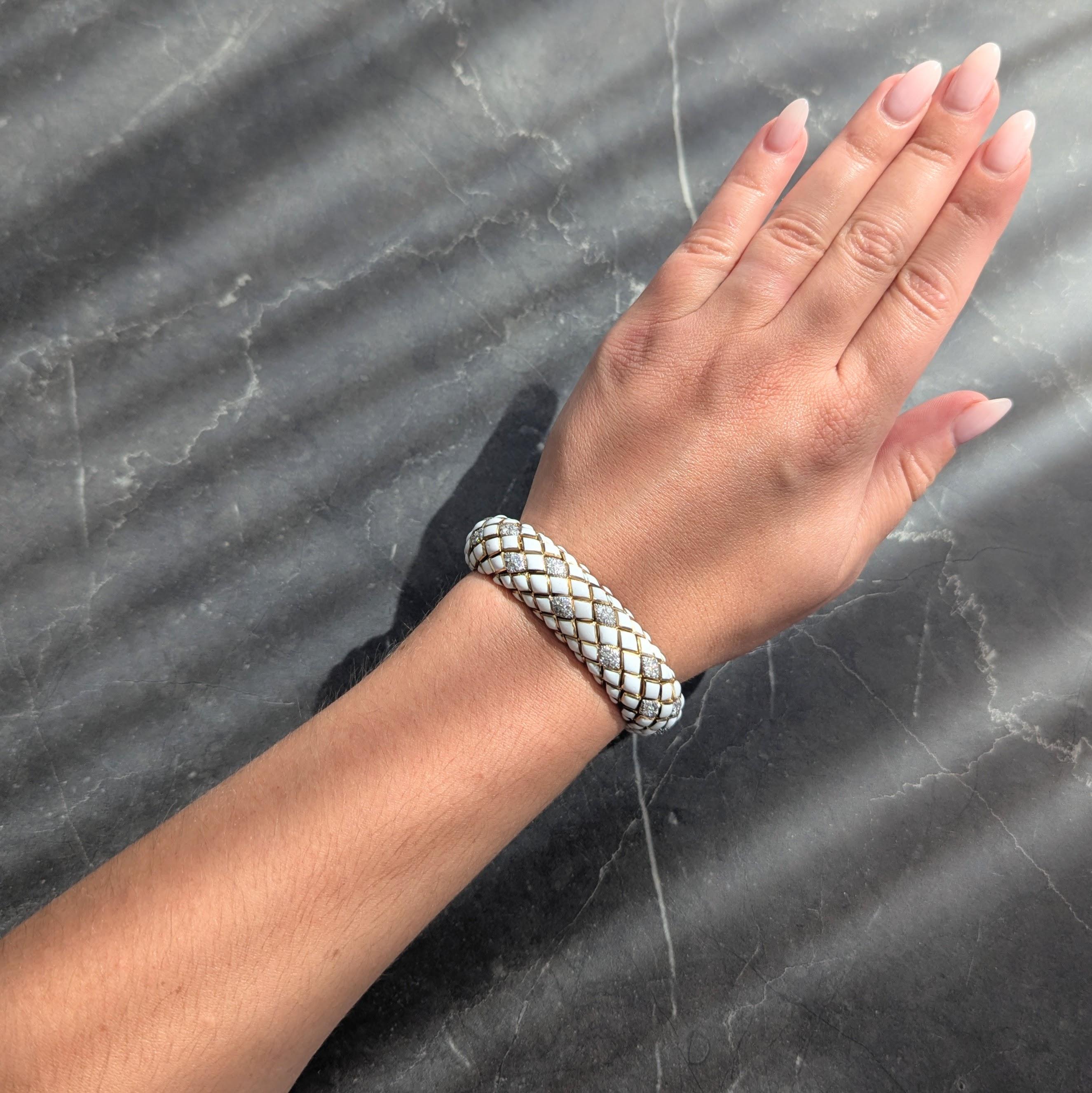 David Webb 1980's Diamond Enamel Platinum 18K Yellow Gold Harlequin Bracelet