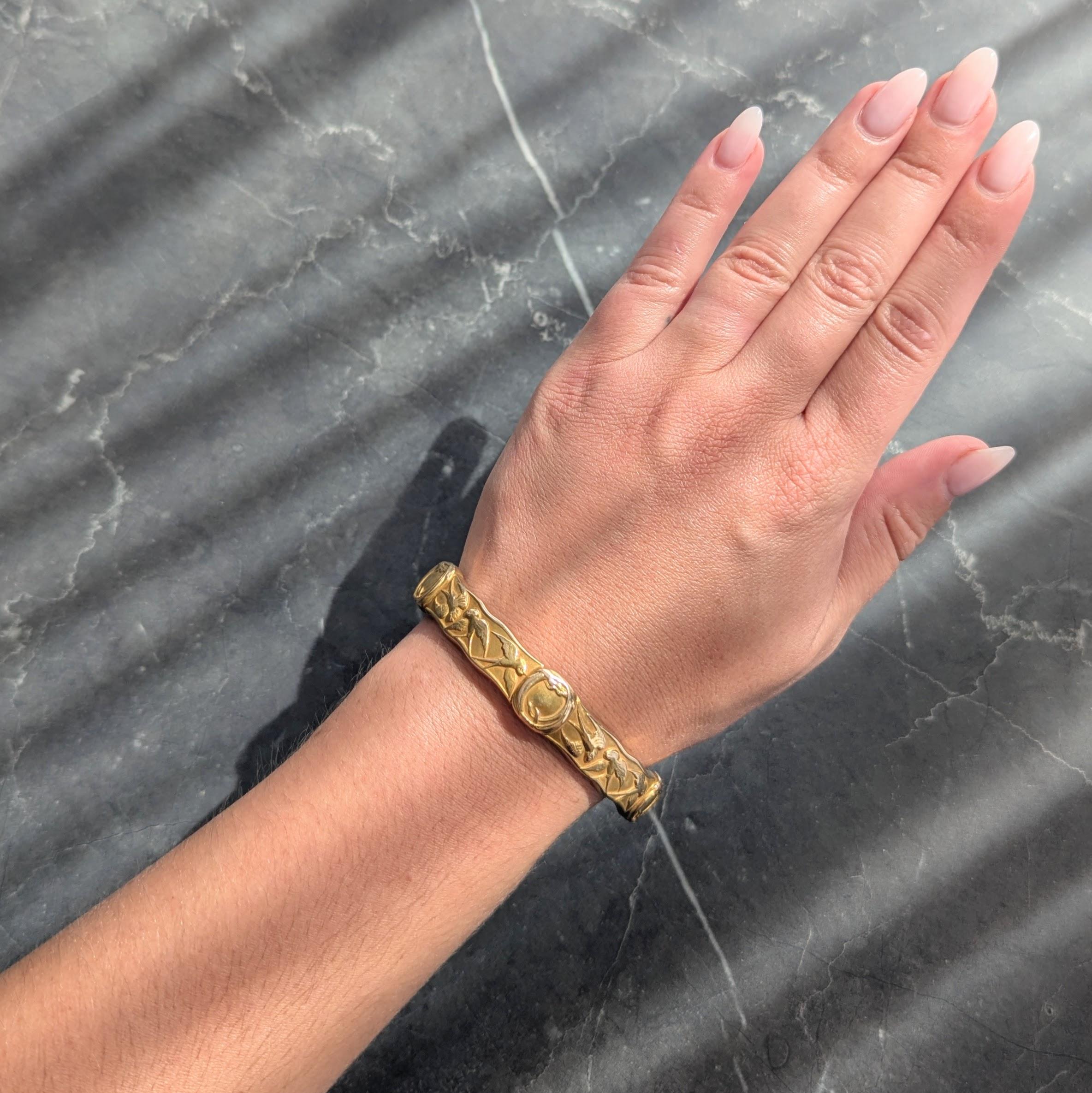 Riker Brothers Art Nouveau 14 Karat Yellow Gold Antique Swallow Bangle Bracelet