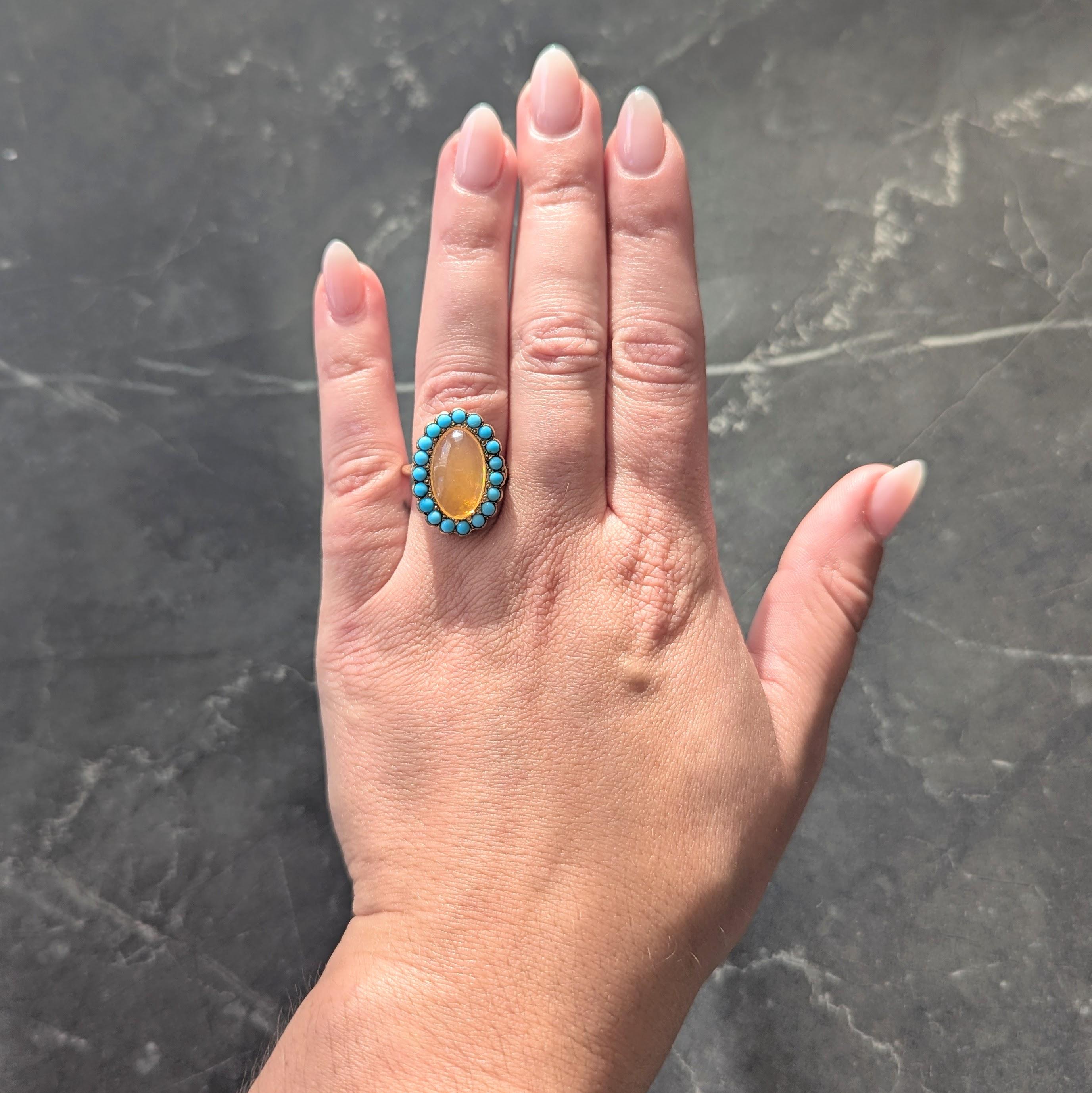 Victorian Jelly Fire Opal Turquoise 14 Karat Yellow Gold Antique Halo Ring