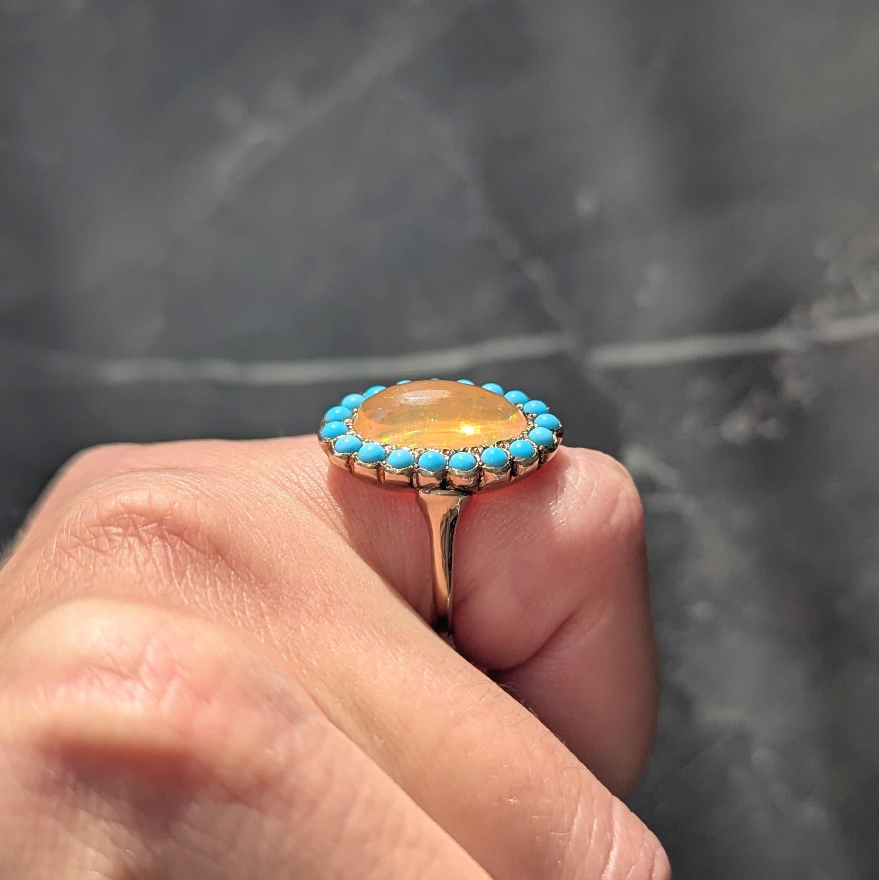 Victorian Jelly Fire Opal Turquoise 14 Karat Yellow Gold Antique Halo Ring