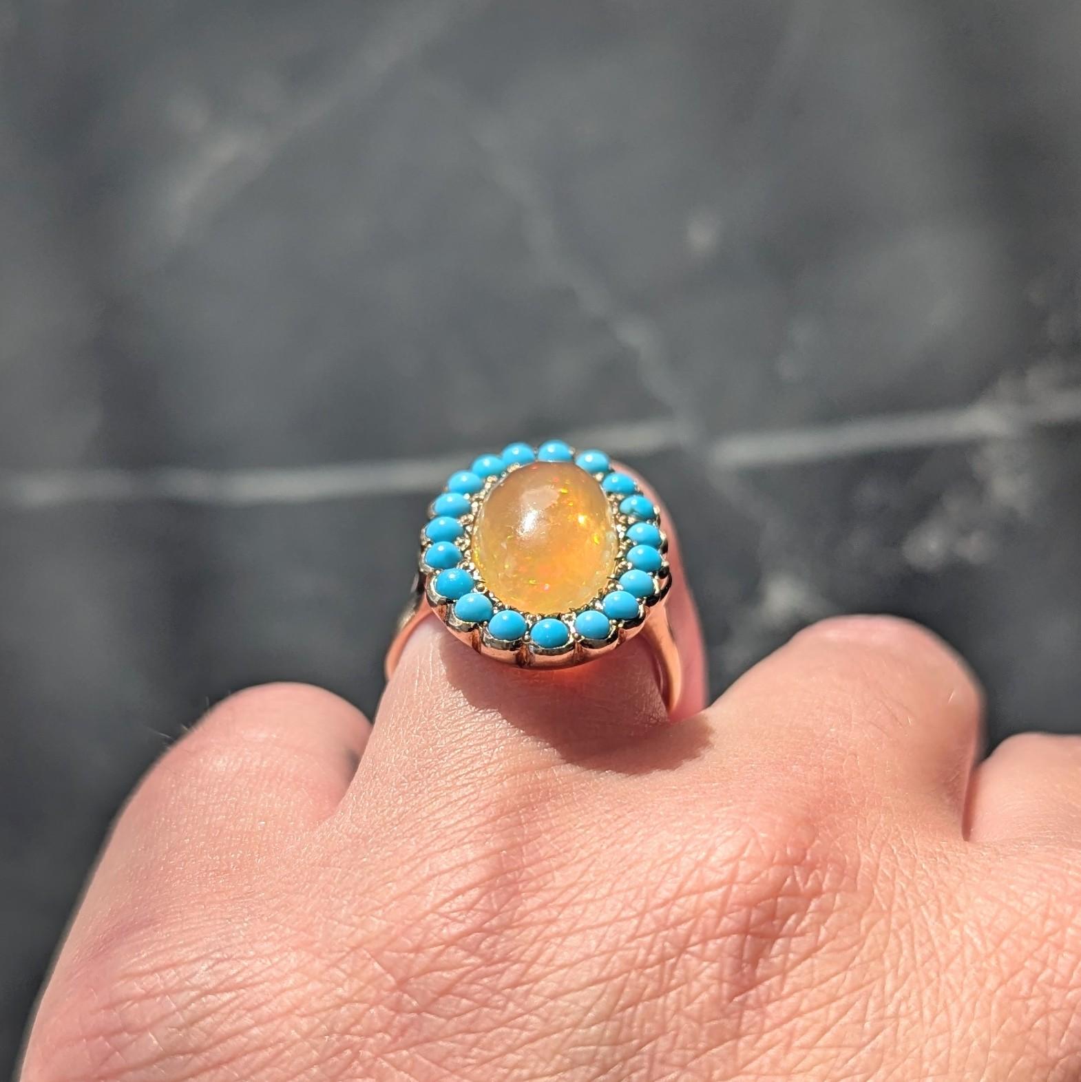 Victorian Jelly Fire Opal Turquoise 14 Karat Yellow Gold Antique Halo Ring