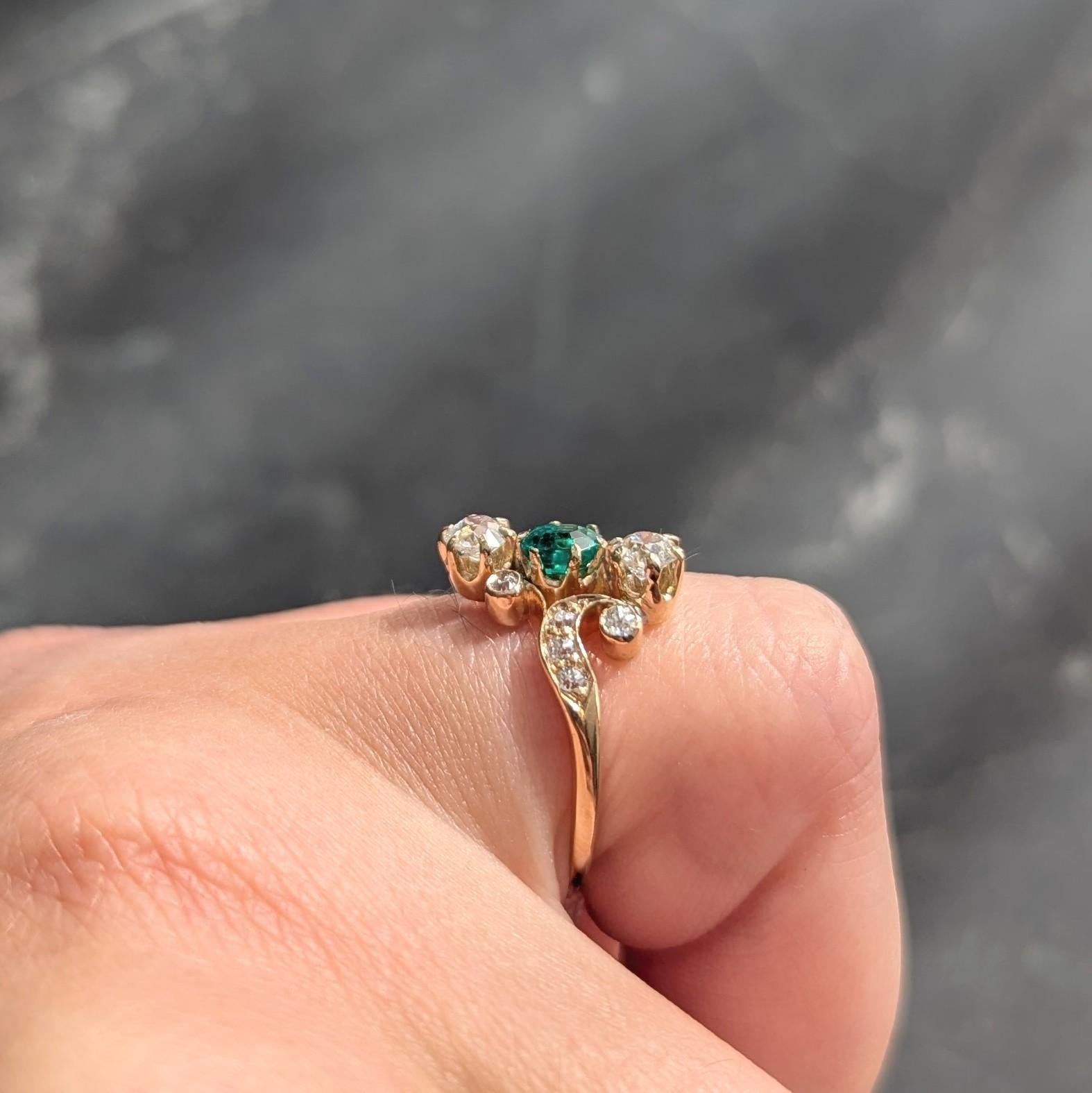 Victorian 0.84 CTW Emerald Diamond 18 Karat Yellow Gold Antique Bypass Ring