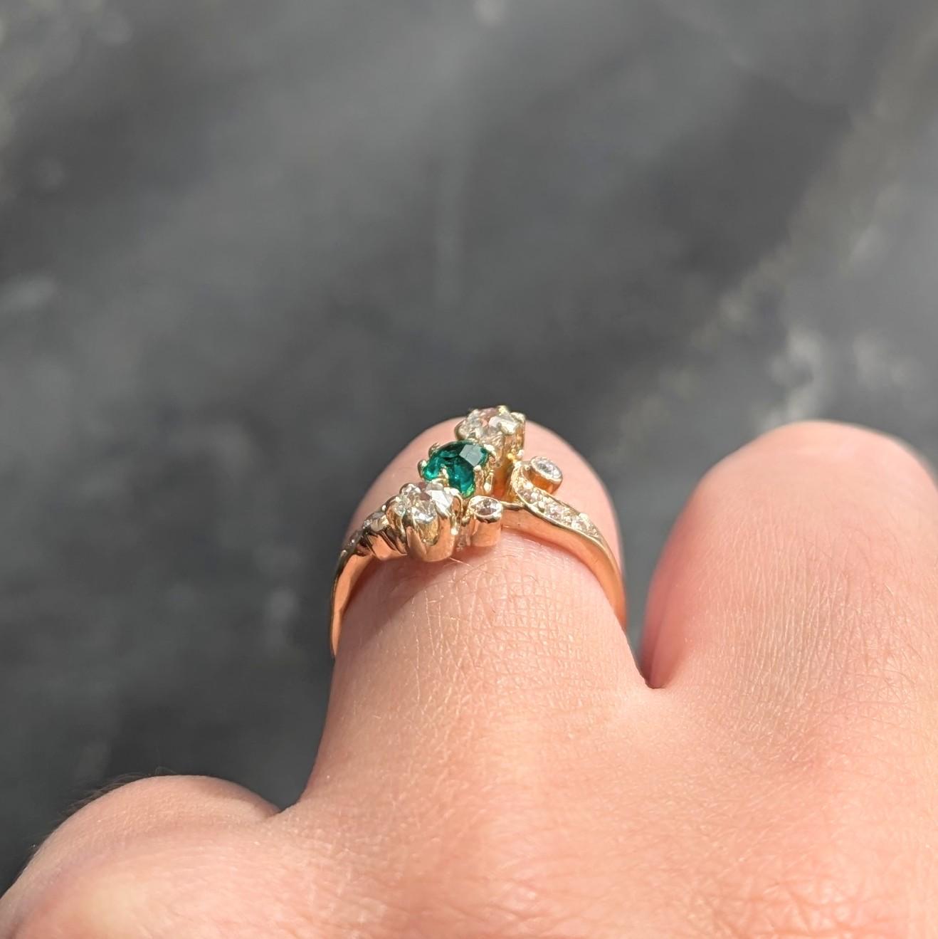 Victorian 0.84 CTW Emerald Diamond 18 Karat Yellow Gold Antique Bypass Ring