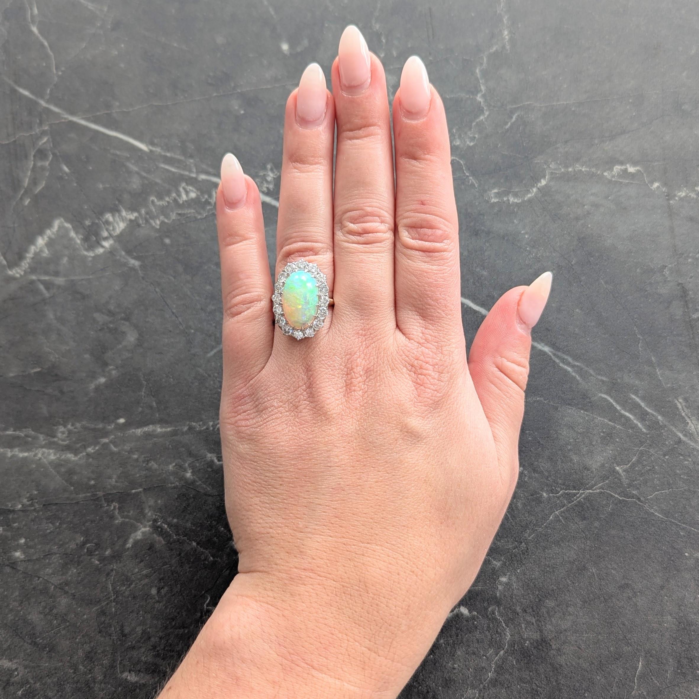 Mid-Century Diamond Opal Platinum 14 Karat Gold Vintage Halo Ring