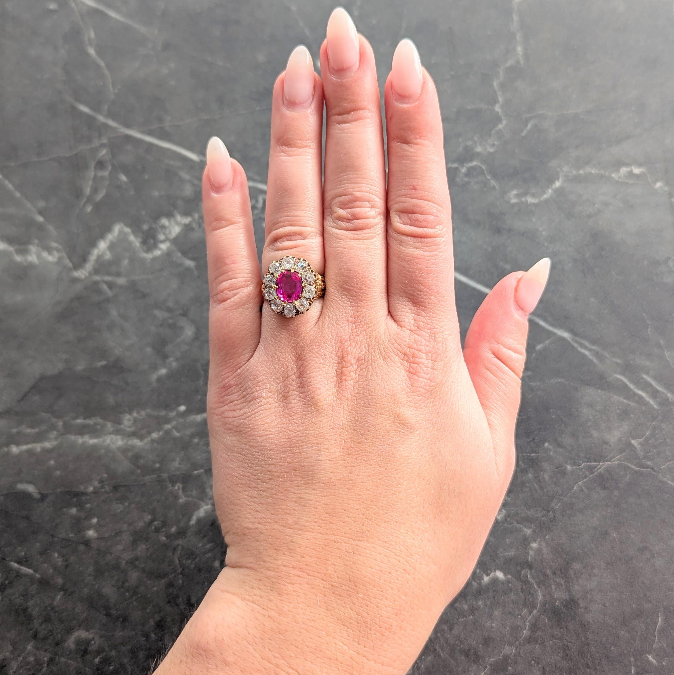 Victorian 1863 No Heat Burma Pink Sapphire Diamond 18K Gold Antique Halo Ring