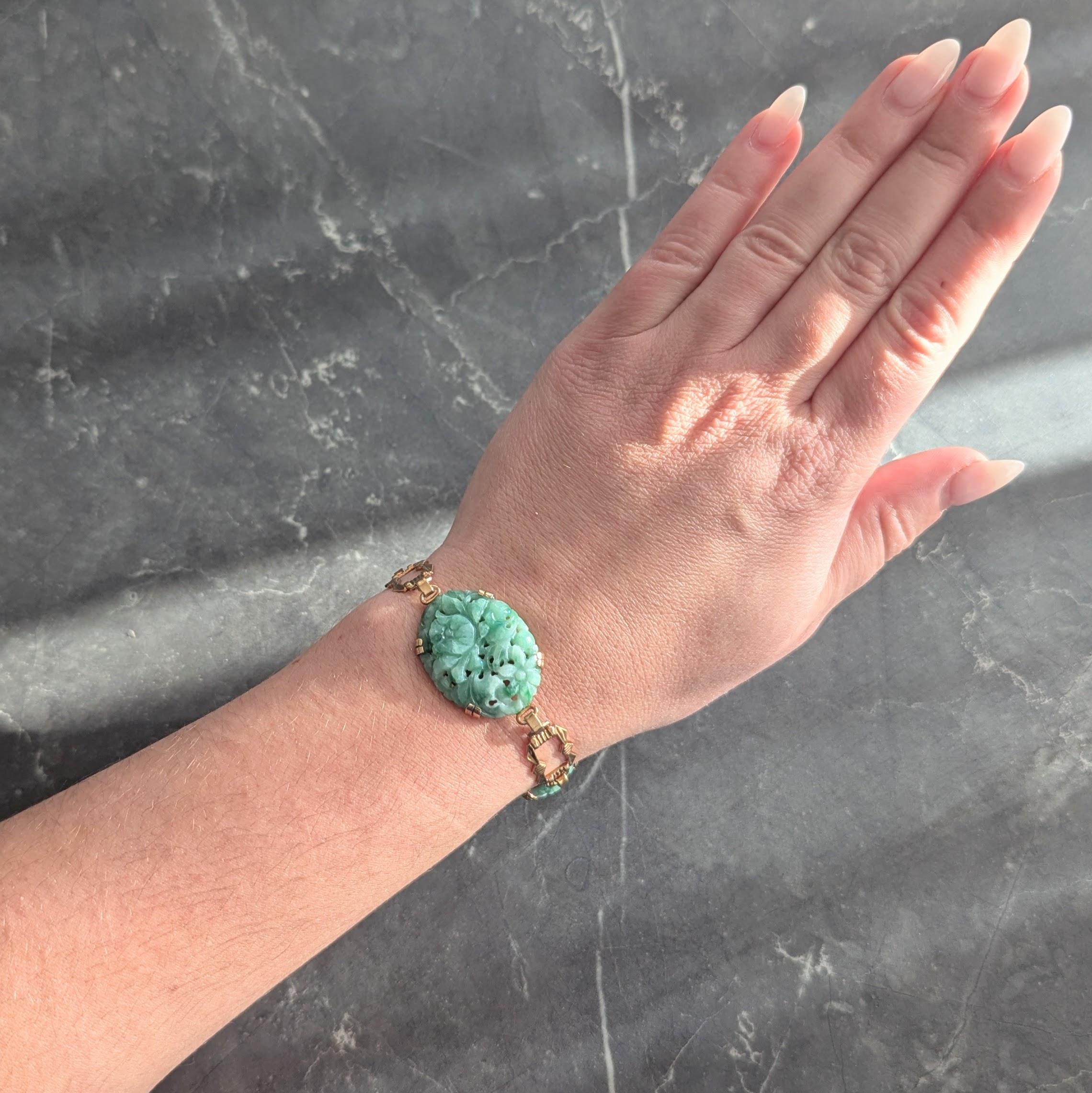 Tiffany & Co. Art Deco Carved Jade 14K Gold Antique Floral Link Bracelet