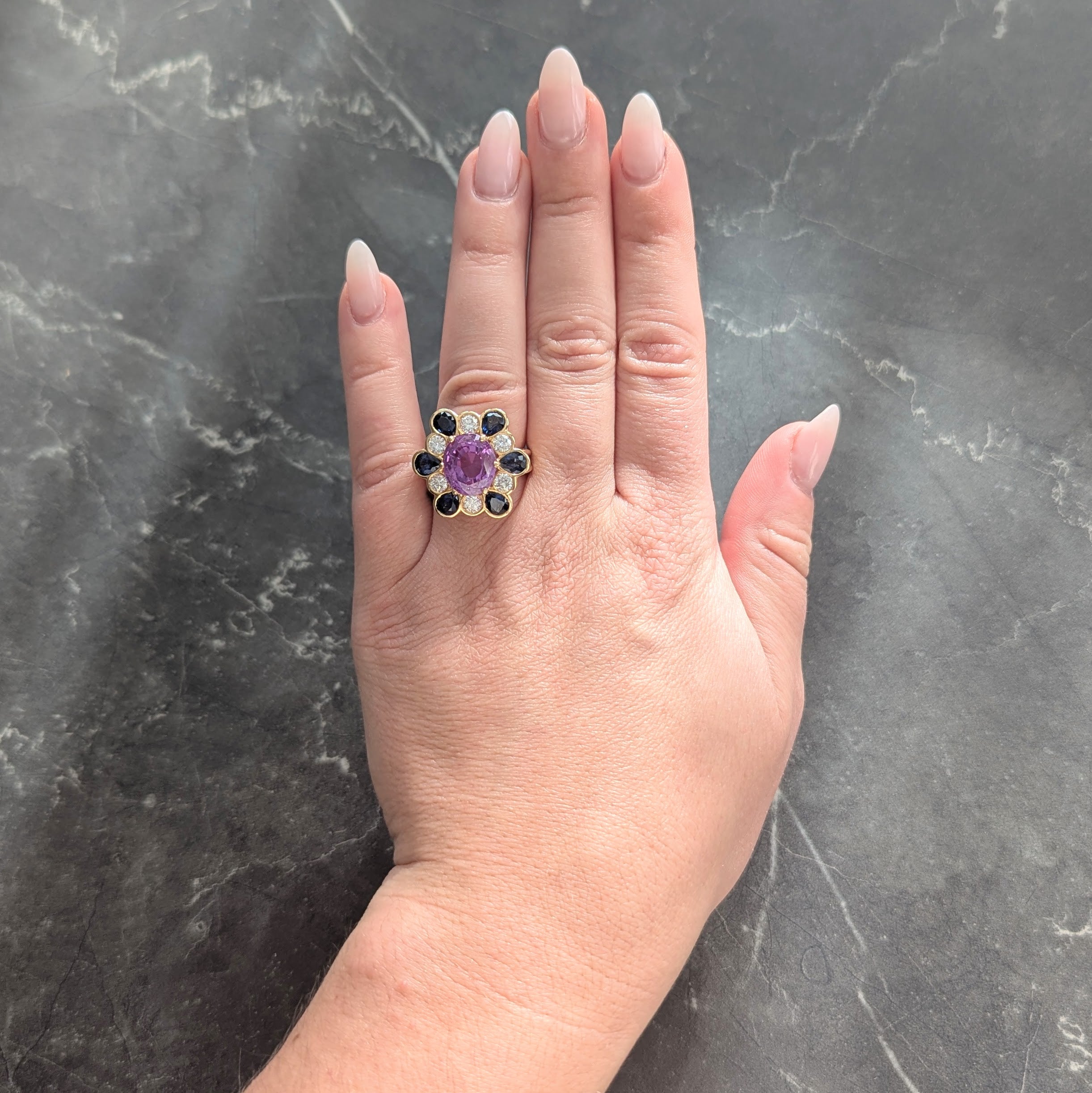 Oscar Heyman 1980's 11.36 CTW No Heat Ceylon Pink Sapphire Diamond 18 Karat Gold Vintage Cluster Ring GIA