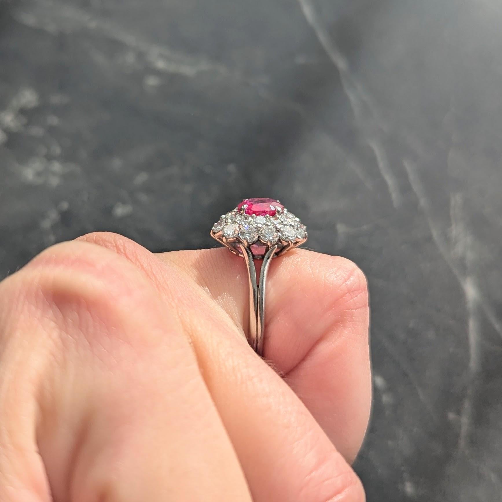 1950's 4.00 CTW No-Heat Burma Ruby Diamond Platinum Vintage Double Halo Ring AGL