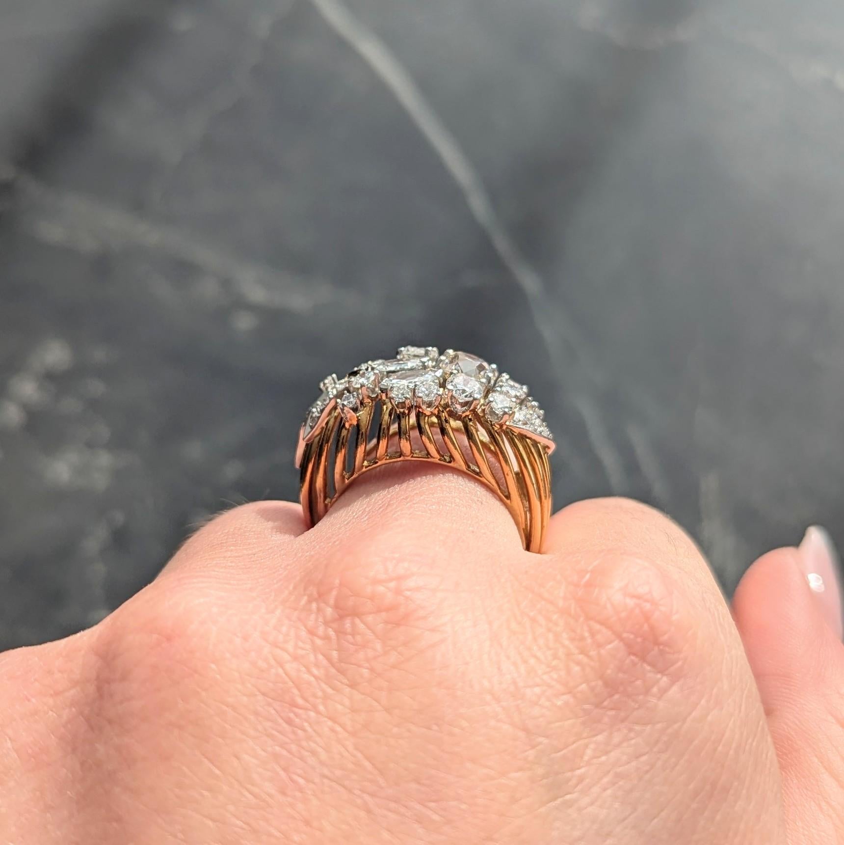 Mid-Century 2.34 CTW Diamond Platinum 18K Gold Vintage Wire Spray Cluster Ring