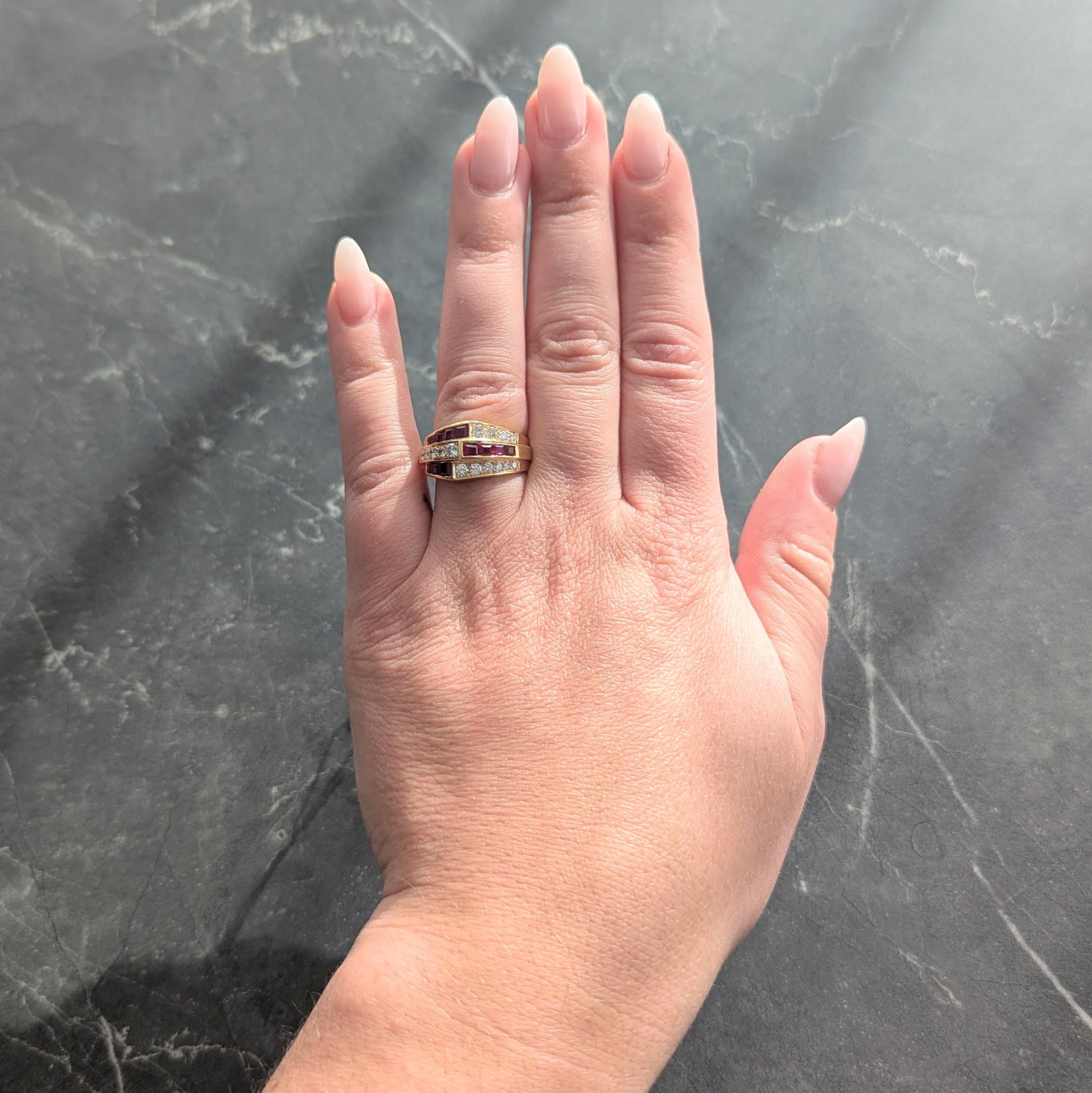 Oscar Heyman 1980's Ruby Diamond 18 Karat Yellow Gold Vintage Channel Band Ring