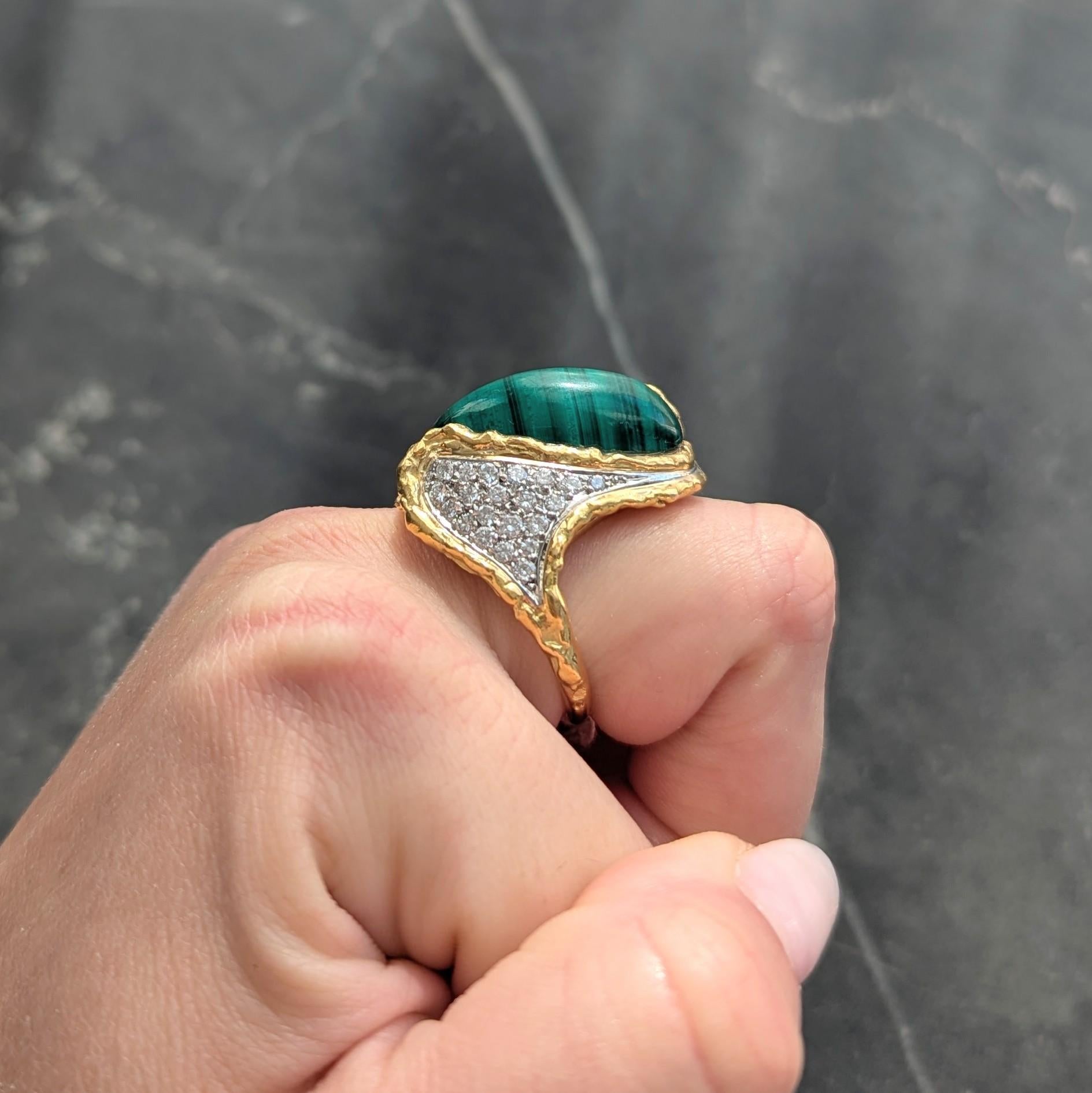 Chaumet French 1960's Malachite Diamond Platinum 18K Gold Vintage Brutalist Ring