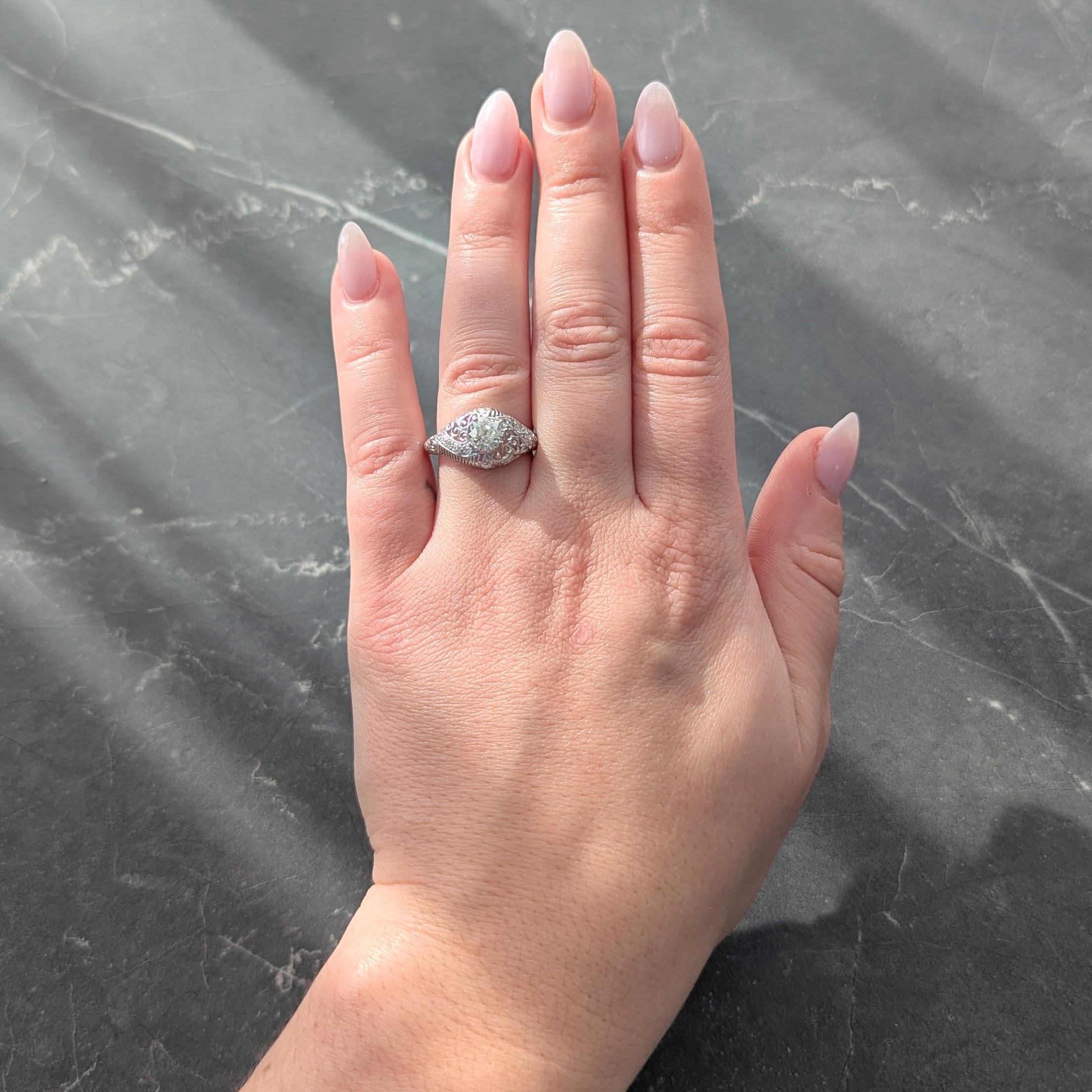 Edwardian 1.25 CTW Mine Diamond Platinum Scrolled Filigree Engagement Ring GIA