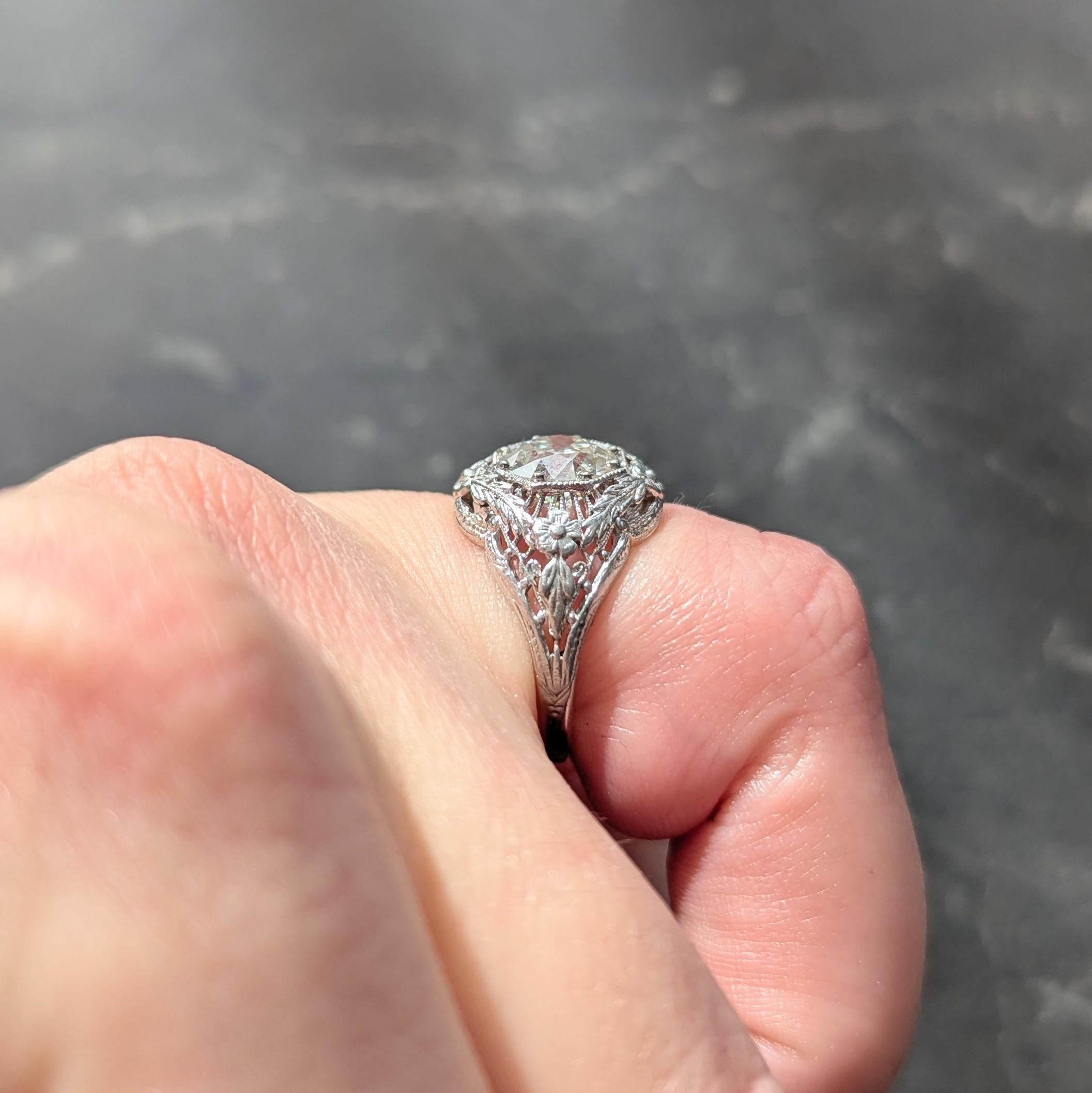 Art Deco Old European Cut Diamond 18K White Gold Floral Vintage Engagement Ring