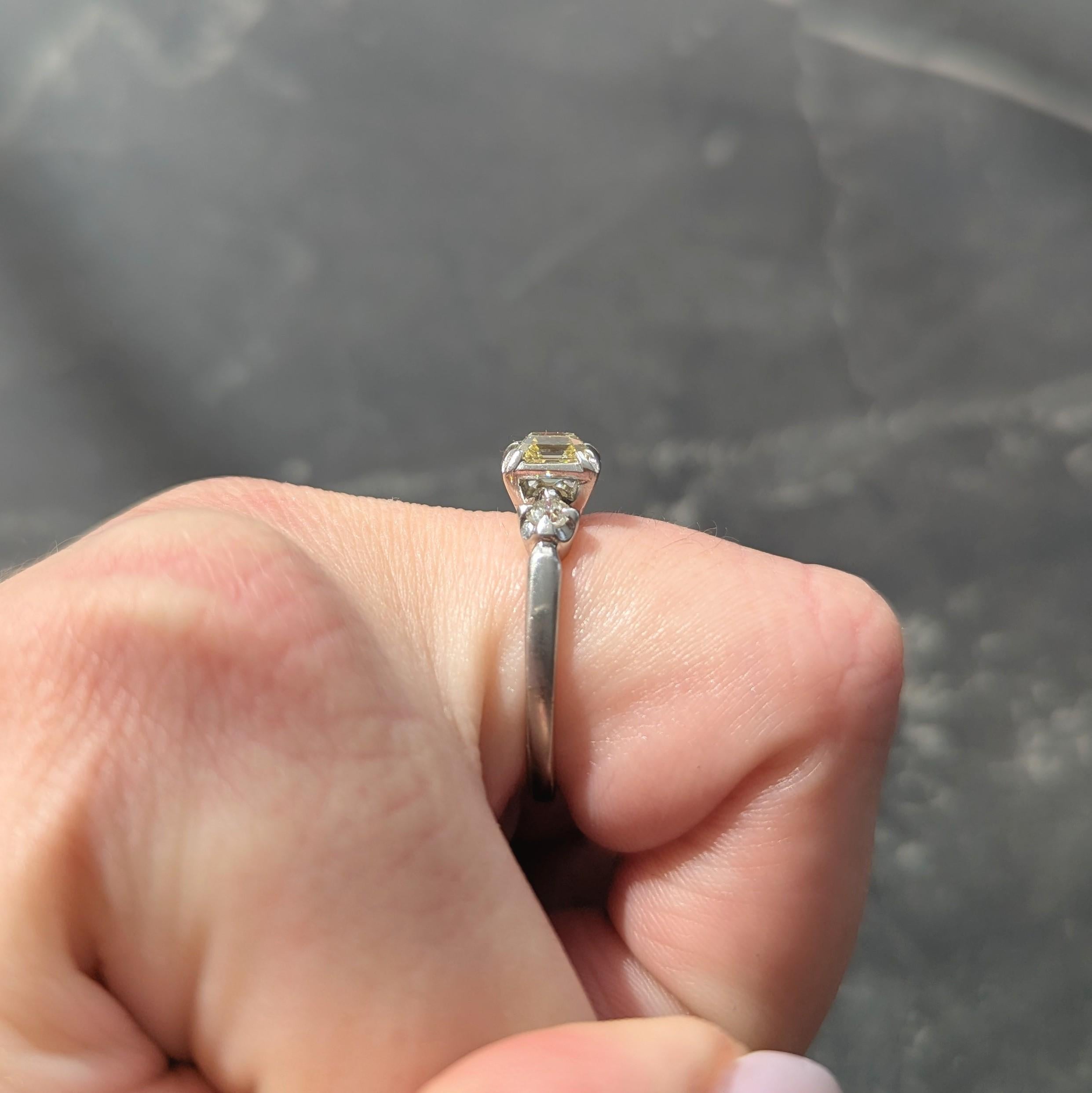 1950's 0.95 CTW Fancy Yellow Asscher Diamond Platinum Vintage Engagement Ring