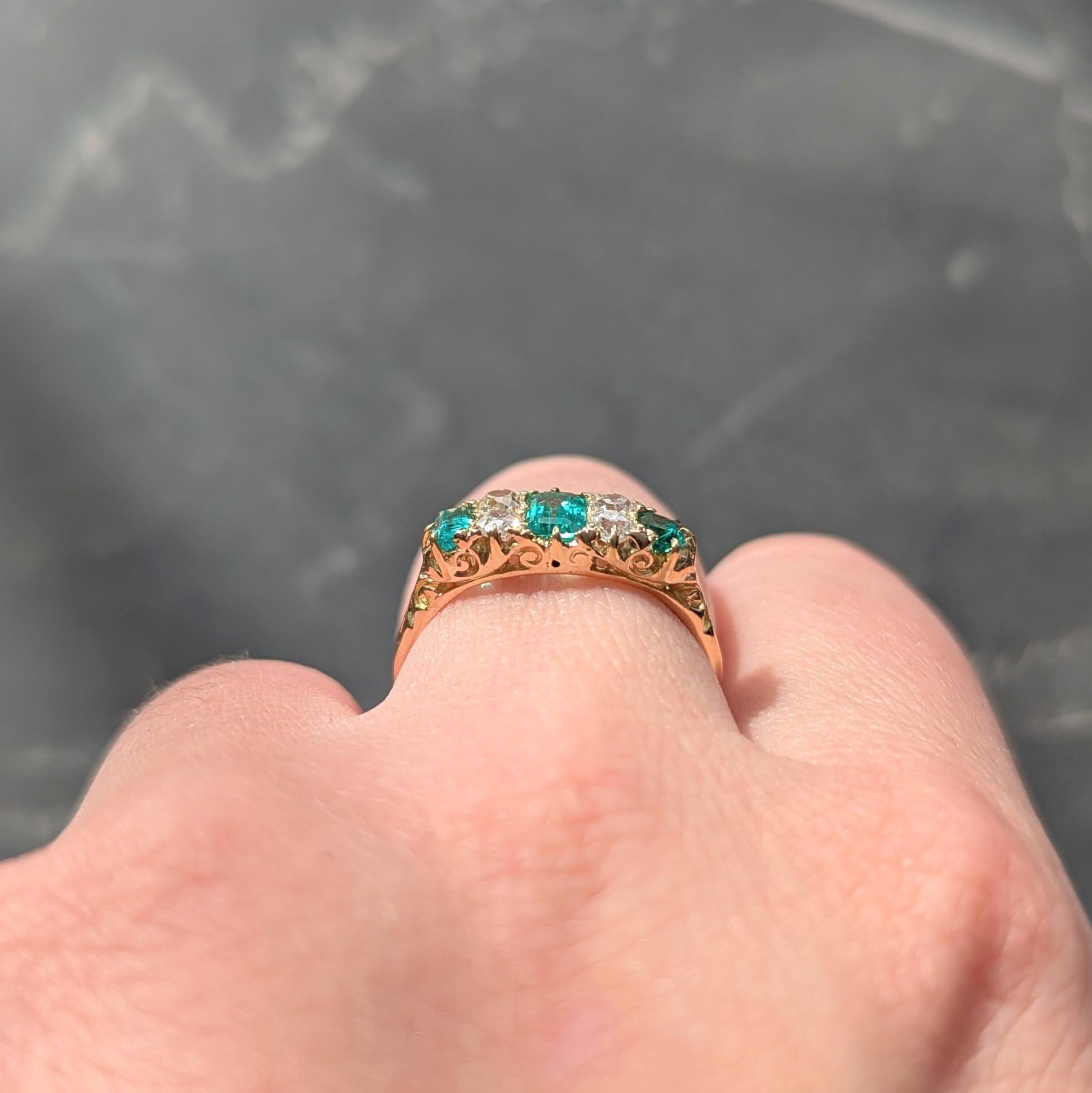 Victorian 1.16 CTW Emerald Diamond 18 Karat Yellow Gold Antique Scroll Band Ring