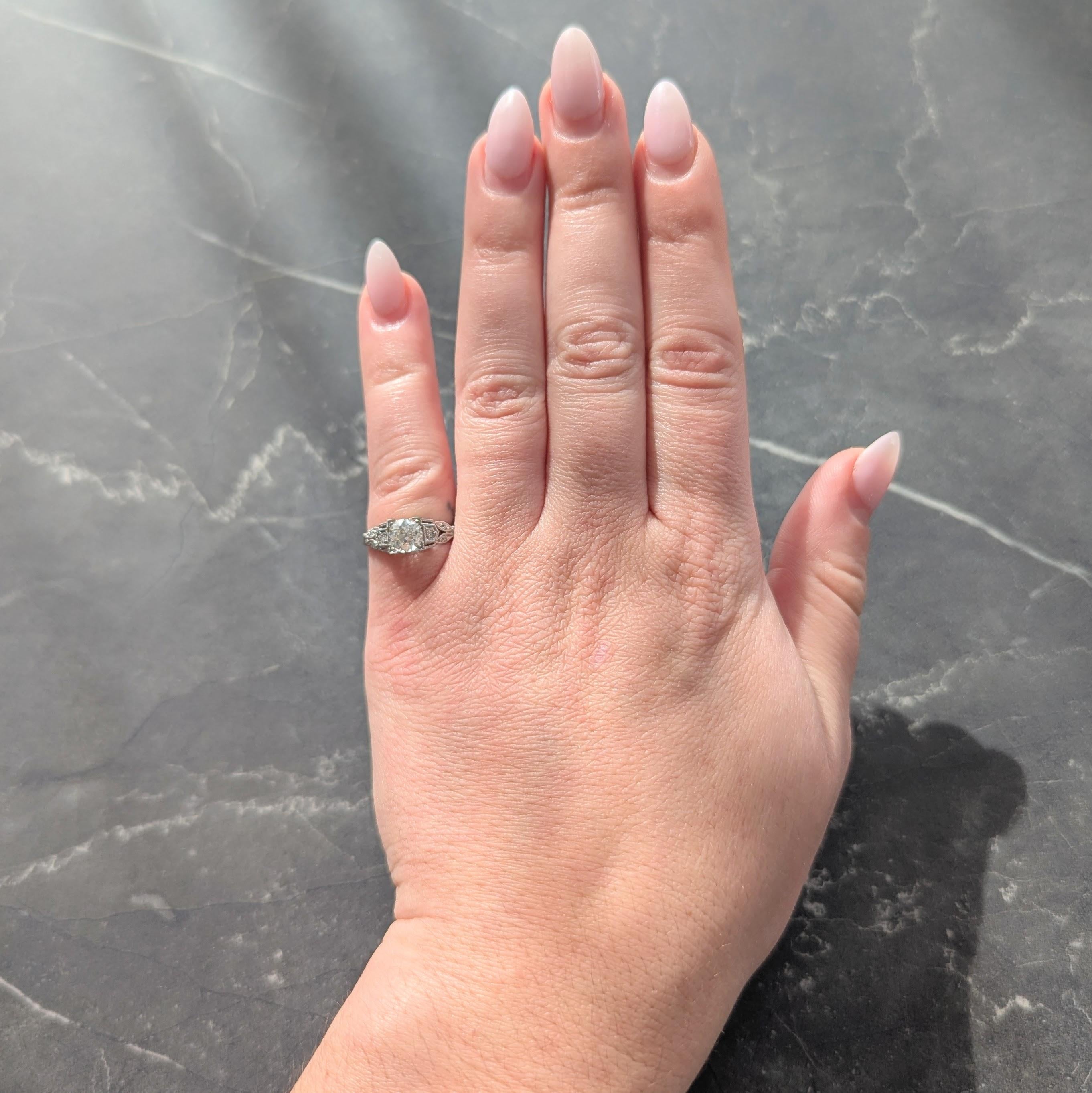 Art Deco 0.92 CTW Old European Diamond Platinum Vintage Lotus Engagement Ring