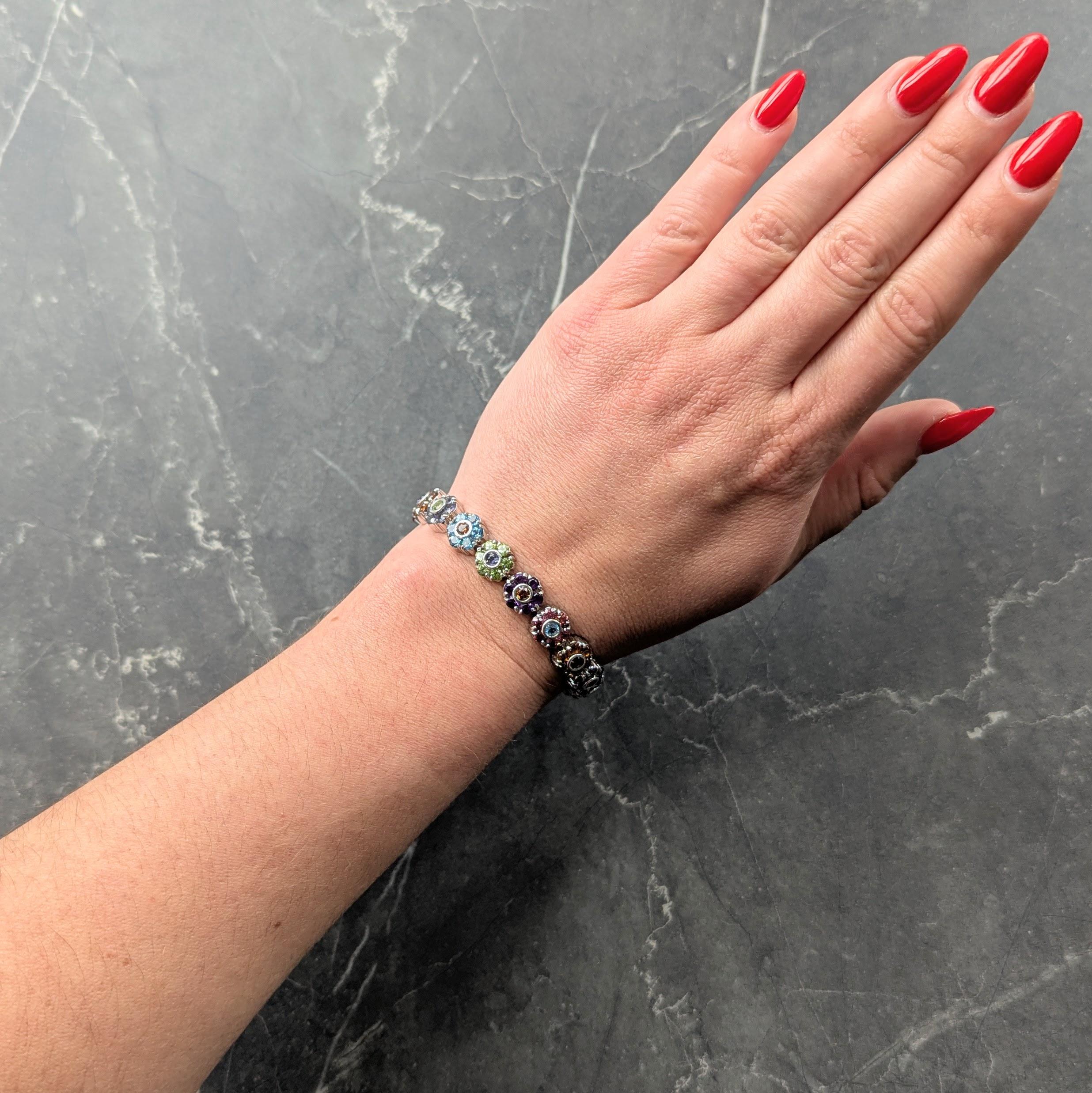 Contemporary Multi-Gem 18 Karat White Gold Floral Link Bracelet