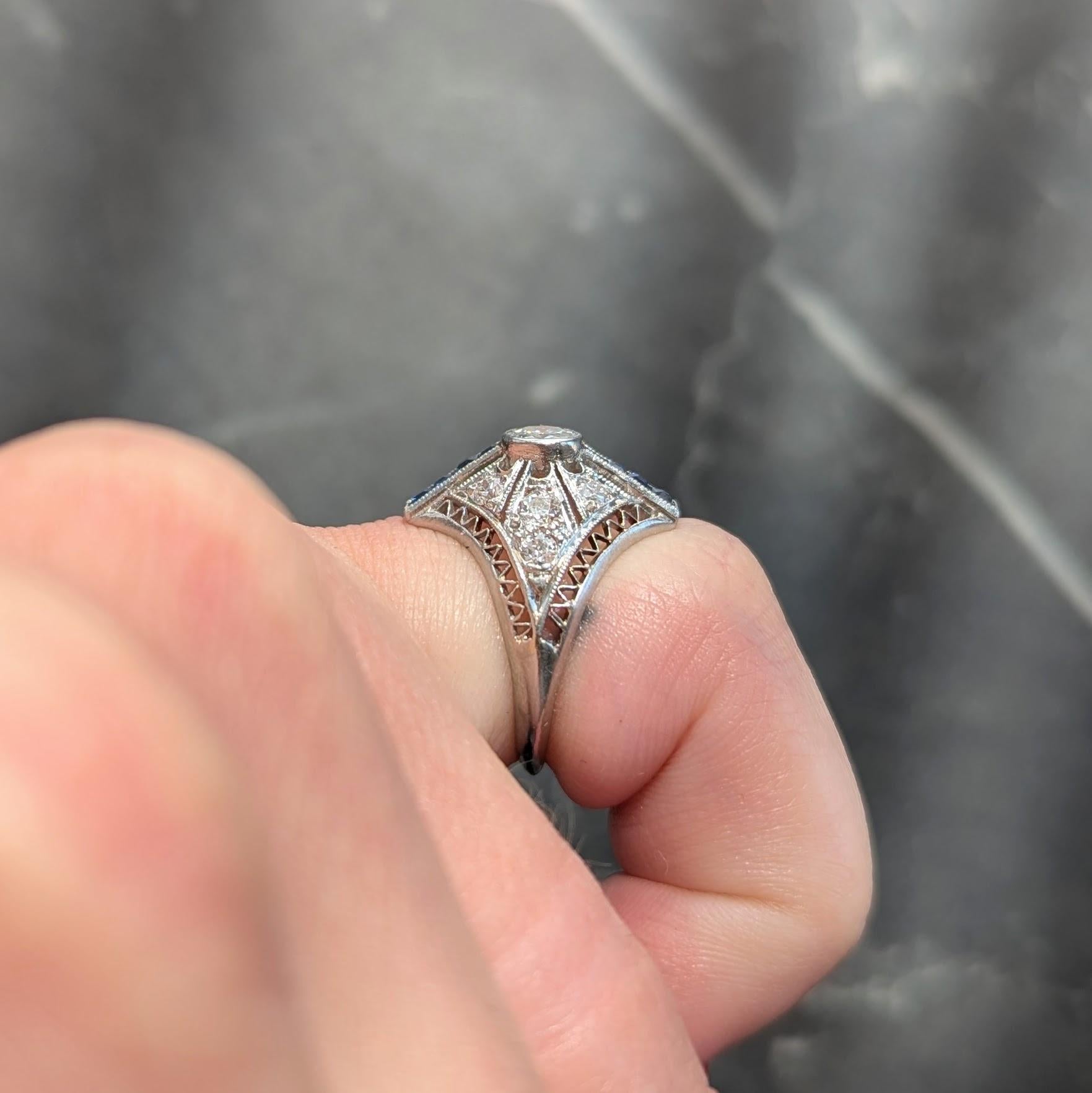 Art Deco Sapphire Diamond Platinum Vintage Zig-Zag Navette Dinner Ring