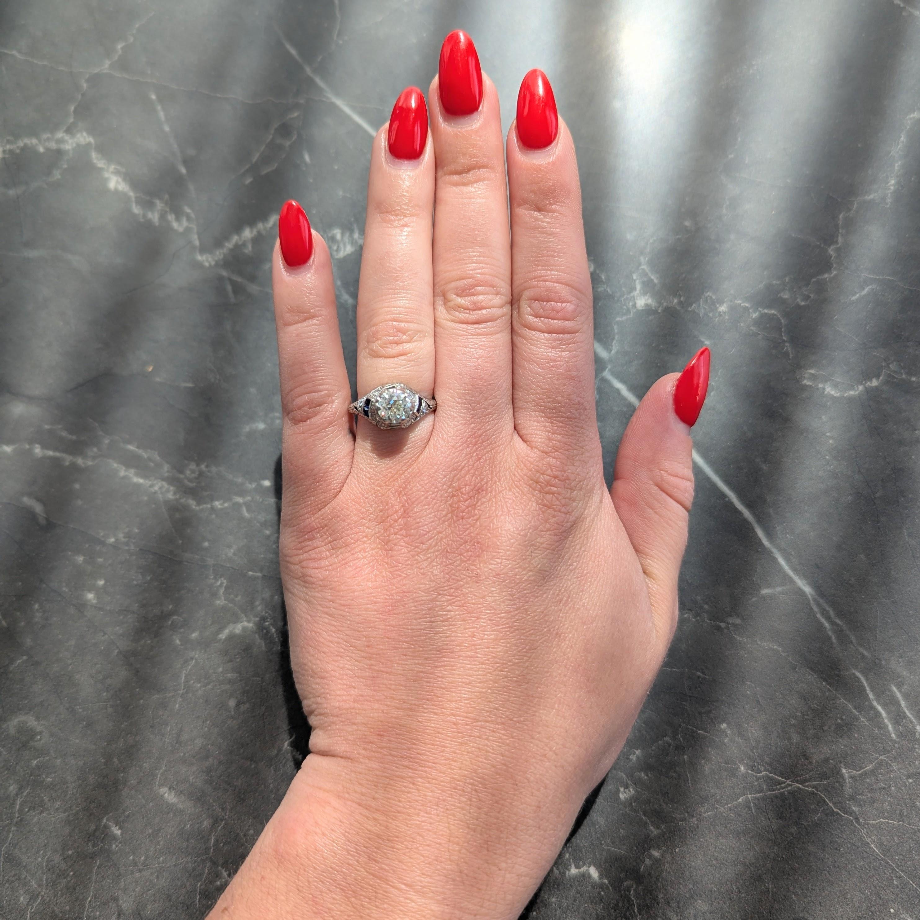 Art Deco 1.24 CTW Old European Diamond Sapphire Platinum Foliate Engagement Ring