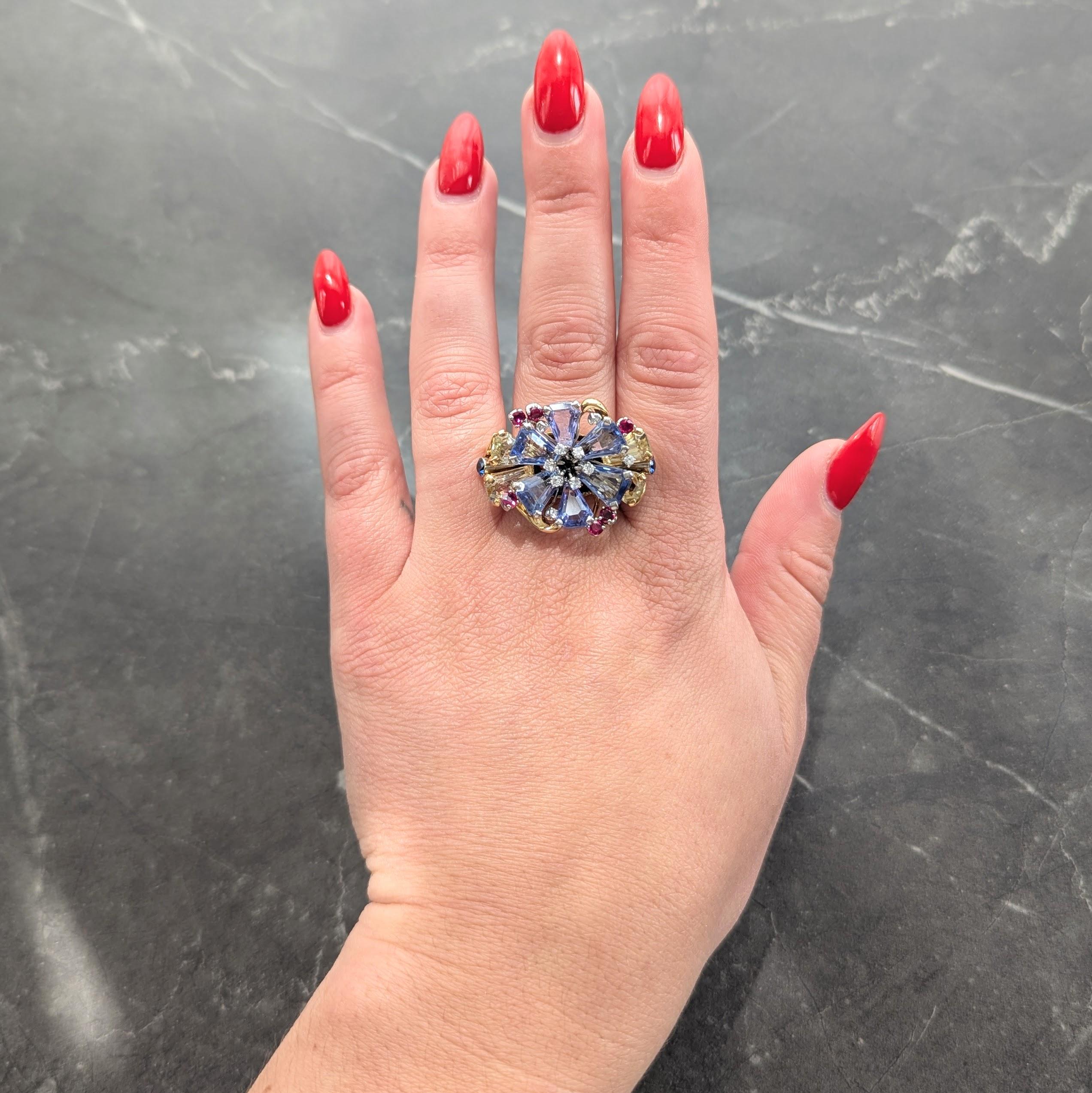 Tiffany & Co. 1940s Retro Sapphire Diamond 18K Gold Vintage Floral Cocktail Ring