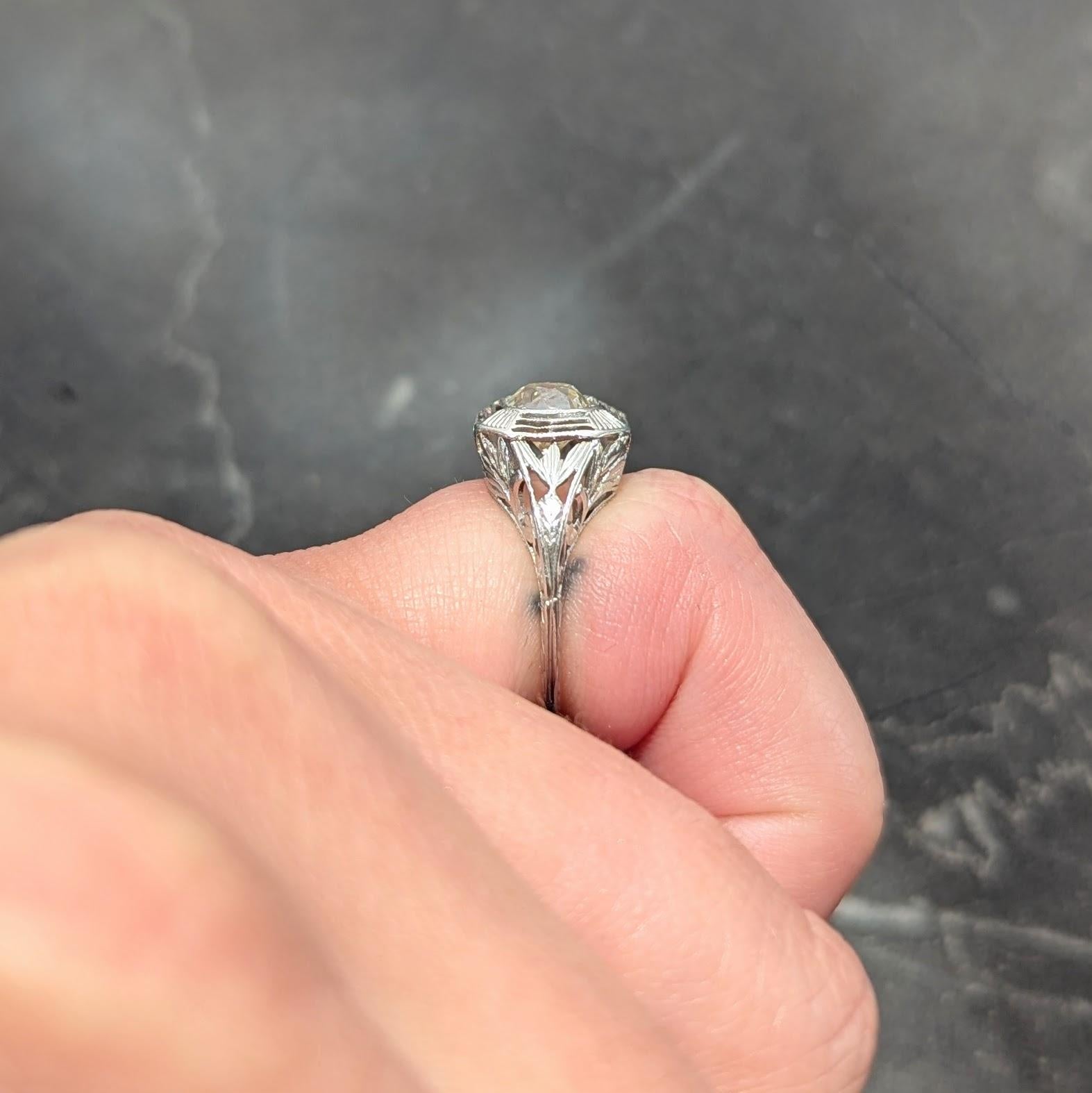 Art Deco 0.87 CTW Old Mine Cut Diamond Platinum Lotus Vintage Engagement Ring