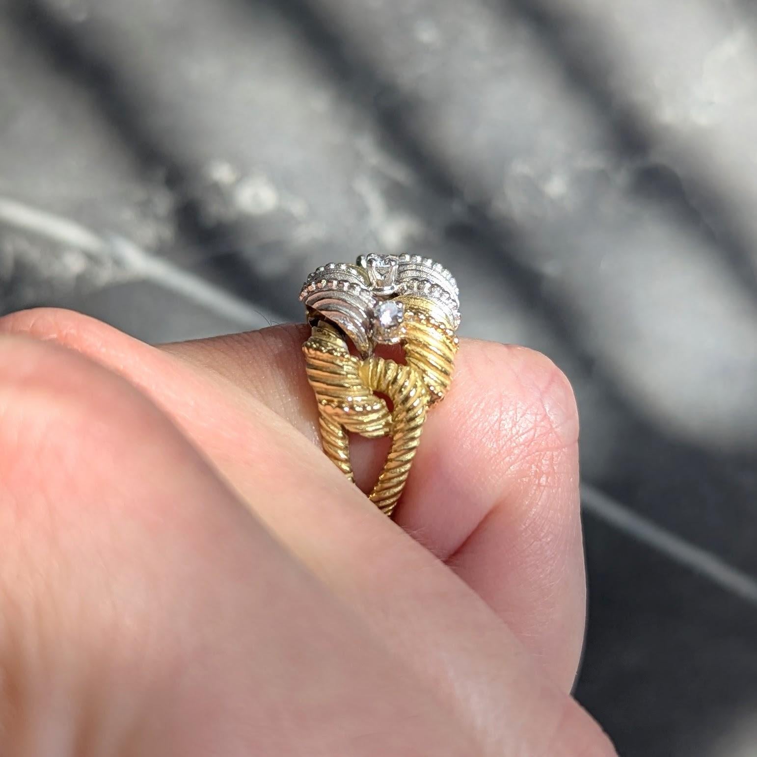 French 1960's Diamond 18 Karat Yellow Gold Platinum Vintage Twist Link Band Ring