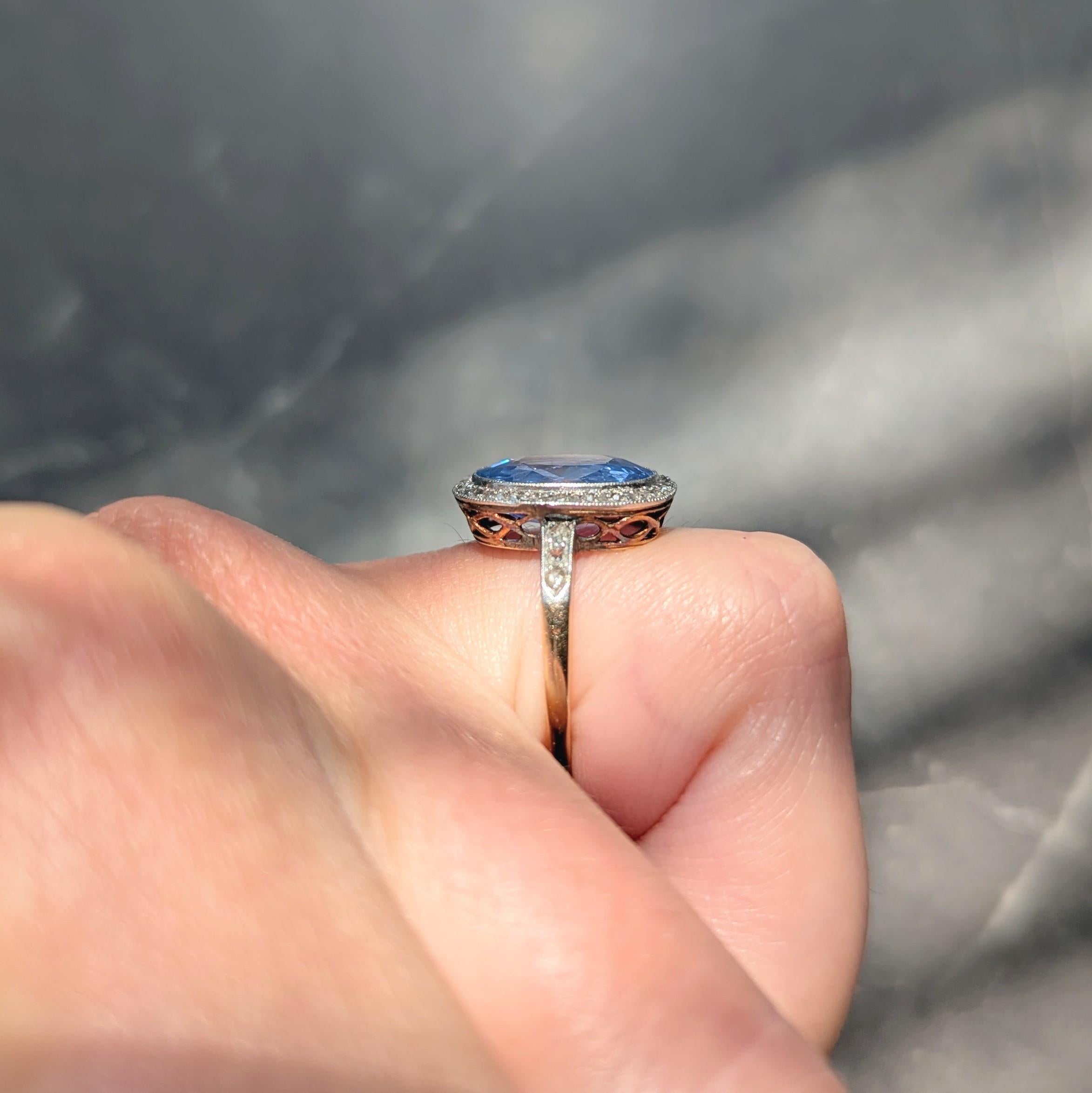 Edwardian Diamond Sapphire 14 Karat Yellow Gold Platinum Antique Halo Ring GIA