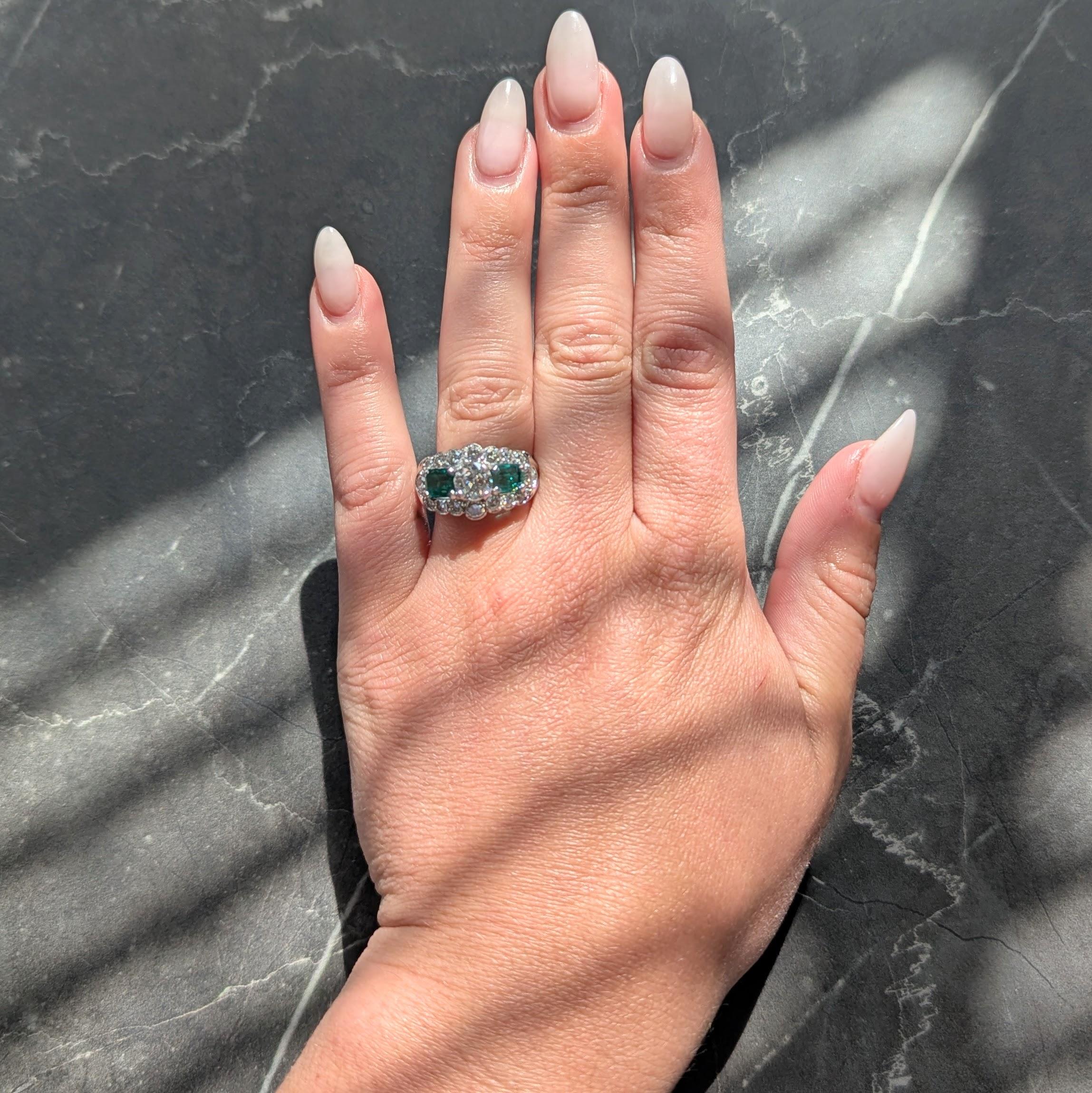 Mid-Century 4.13 CTW Diamond Emerald Platinum Vintage Cluster Ring