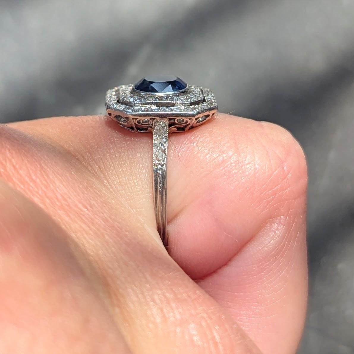 Art Deco 2.50 CTW Sapphire Diamond Platinum Vintage Double Halo Dinner Ring