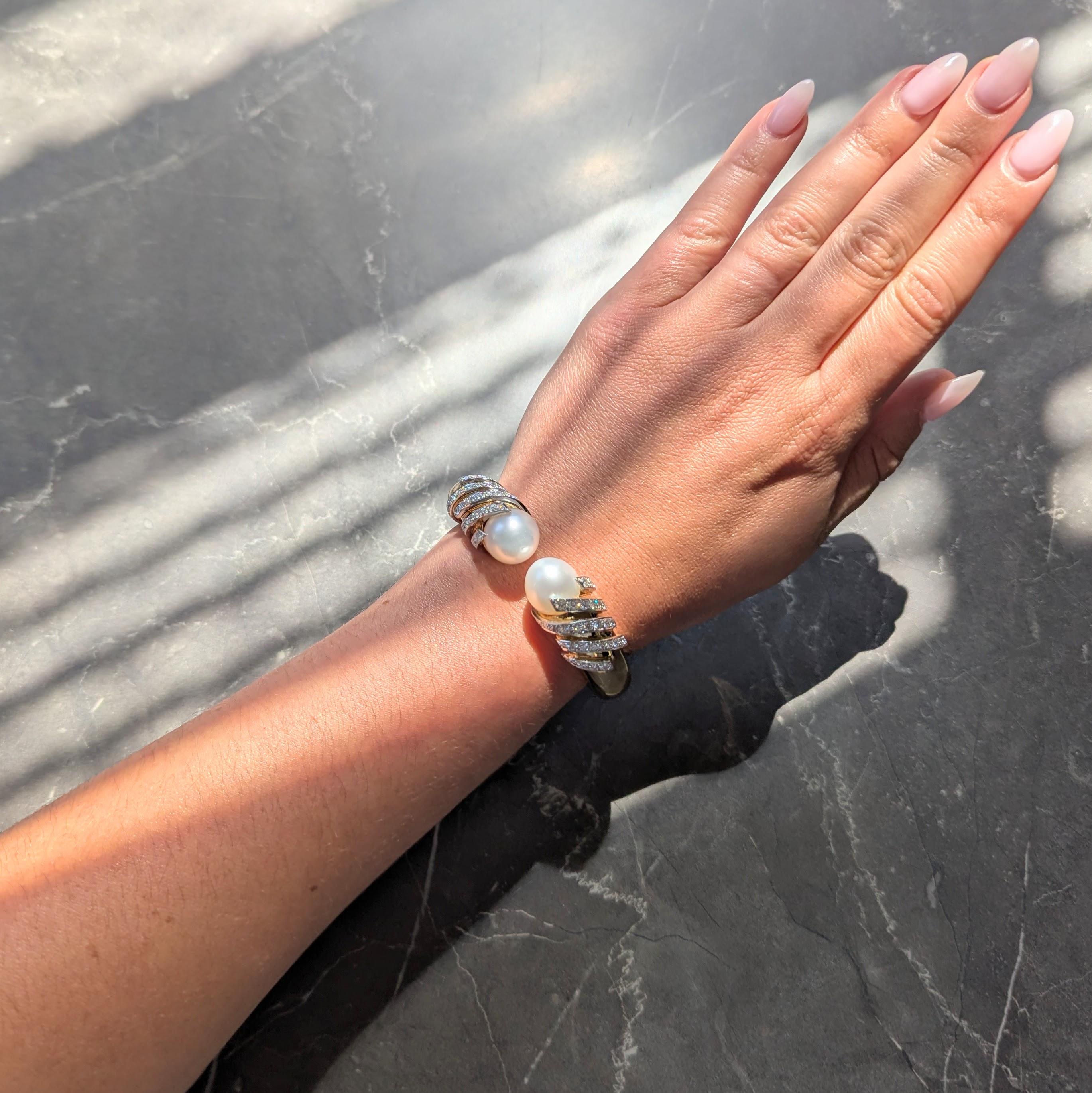 David Webb 1970's Diamond Pearl 18K Gold Platinum Vintage Swirl Cuff Bracelet