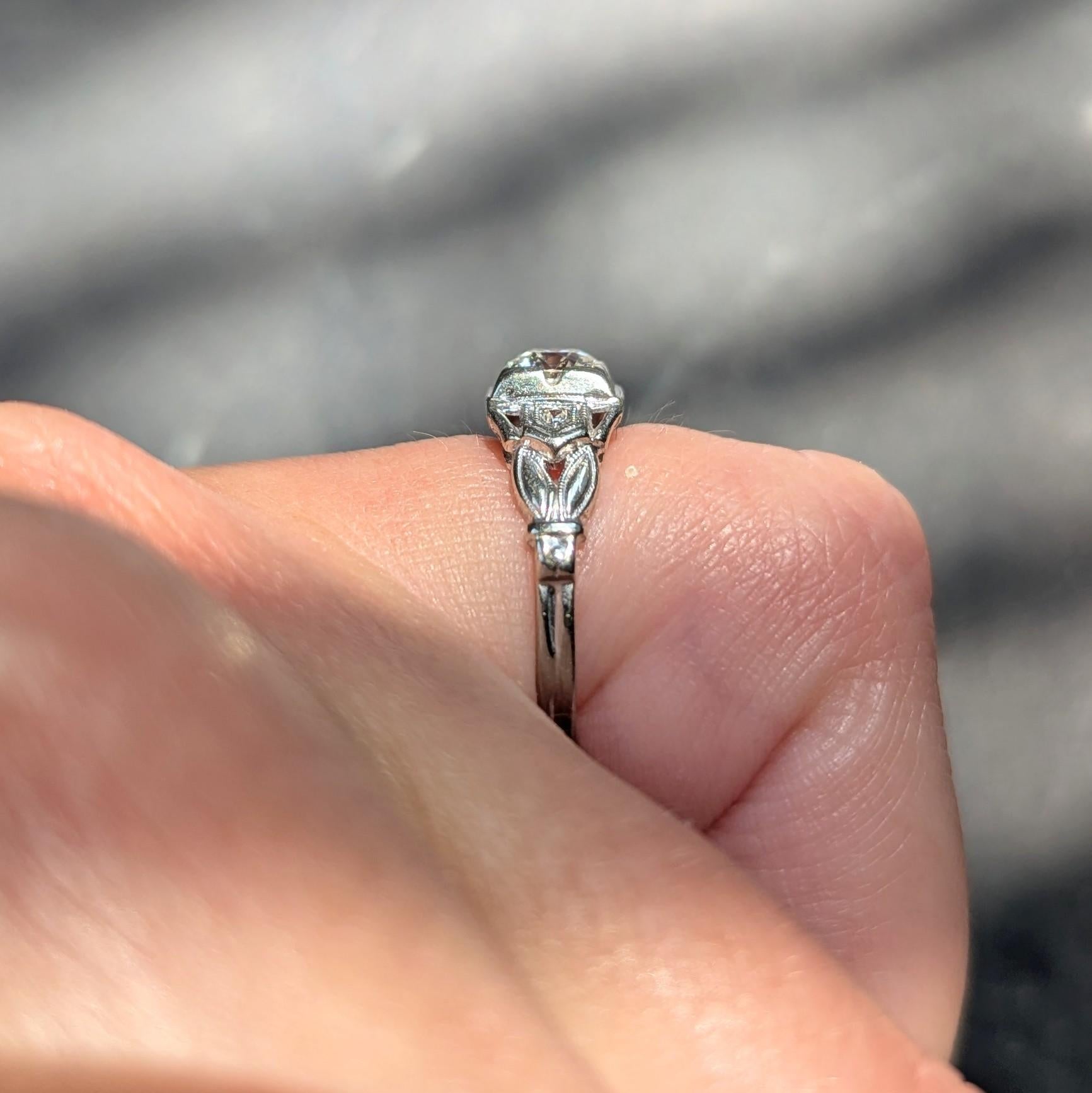 Art Deco Old European Cut Diamond 18K White Gold Vintage Foliate Engagement Ring
