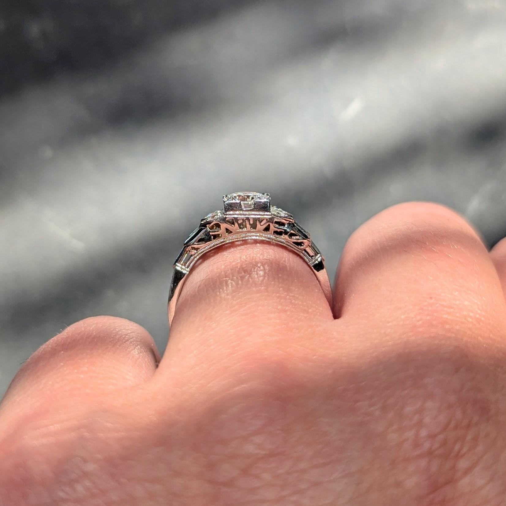 Art Deco Old European Diamond 18K White Gold Vintage Stepped Engagement Ring