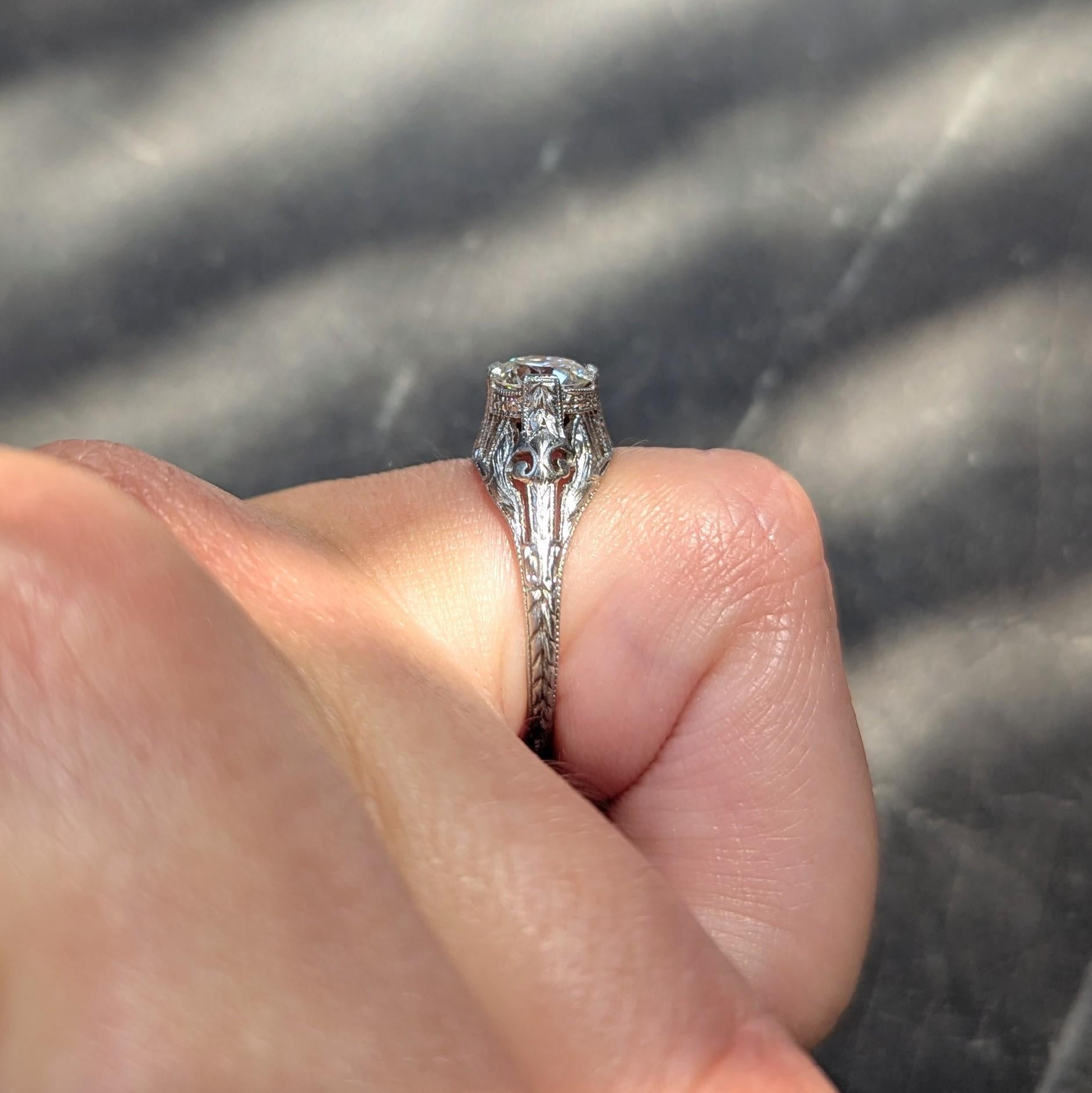 Art Deco Old European Diamond Platinum Vintage Scrolling Wheat Engagement Ring