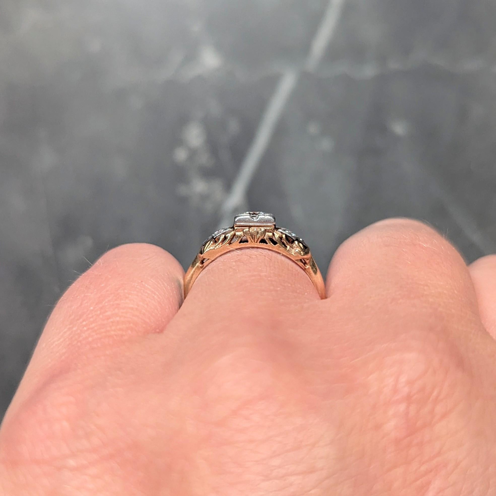 Art Deco Old European Diamond 14K Gold Platinum Antique Foliate Engagement Ring