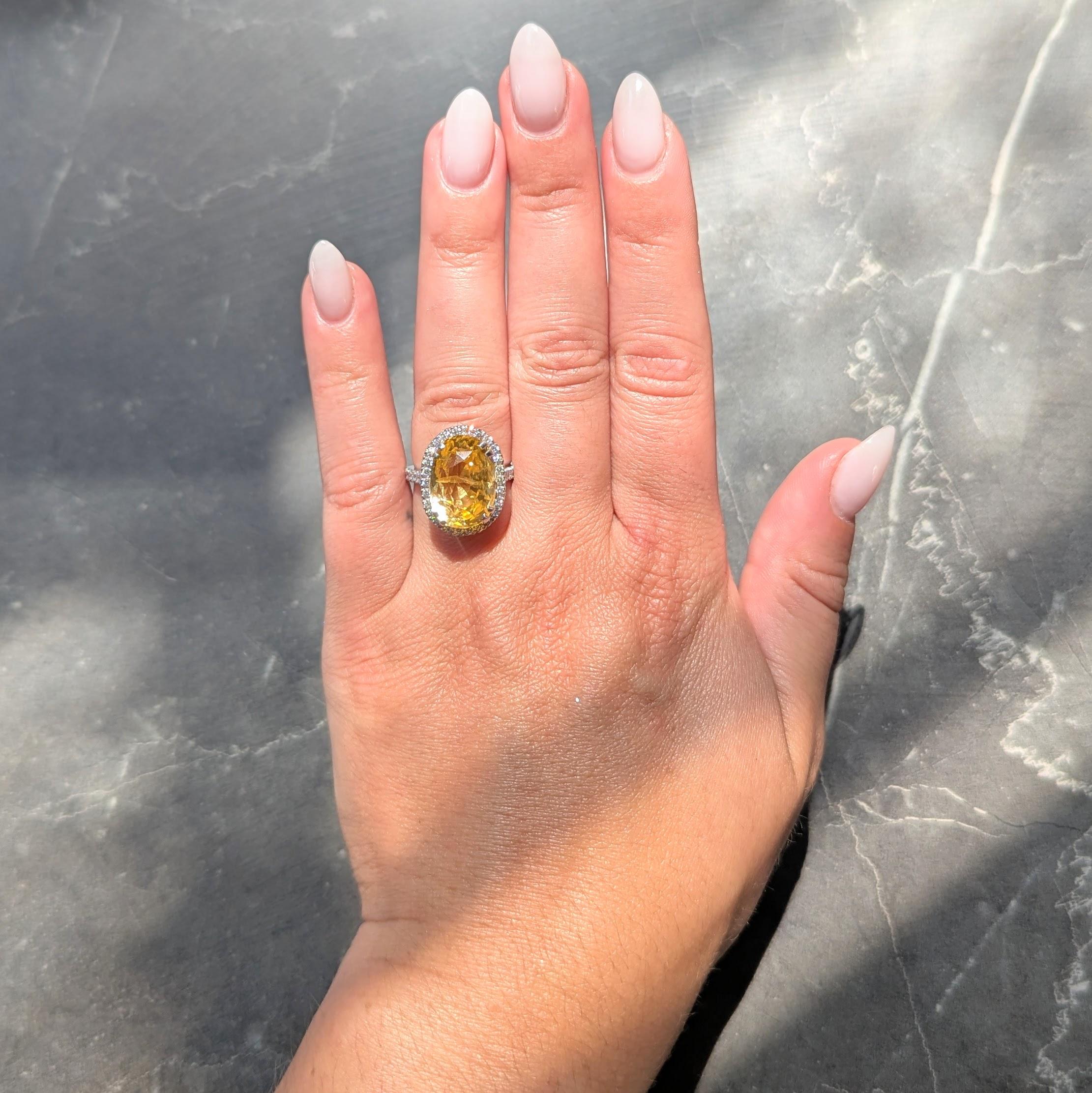 Contemporary No Heat Yellow Ceylon Sapphire Diamond Platinum Halo Ring GIA