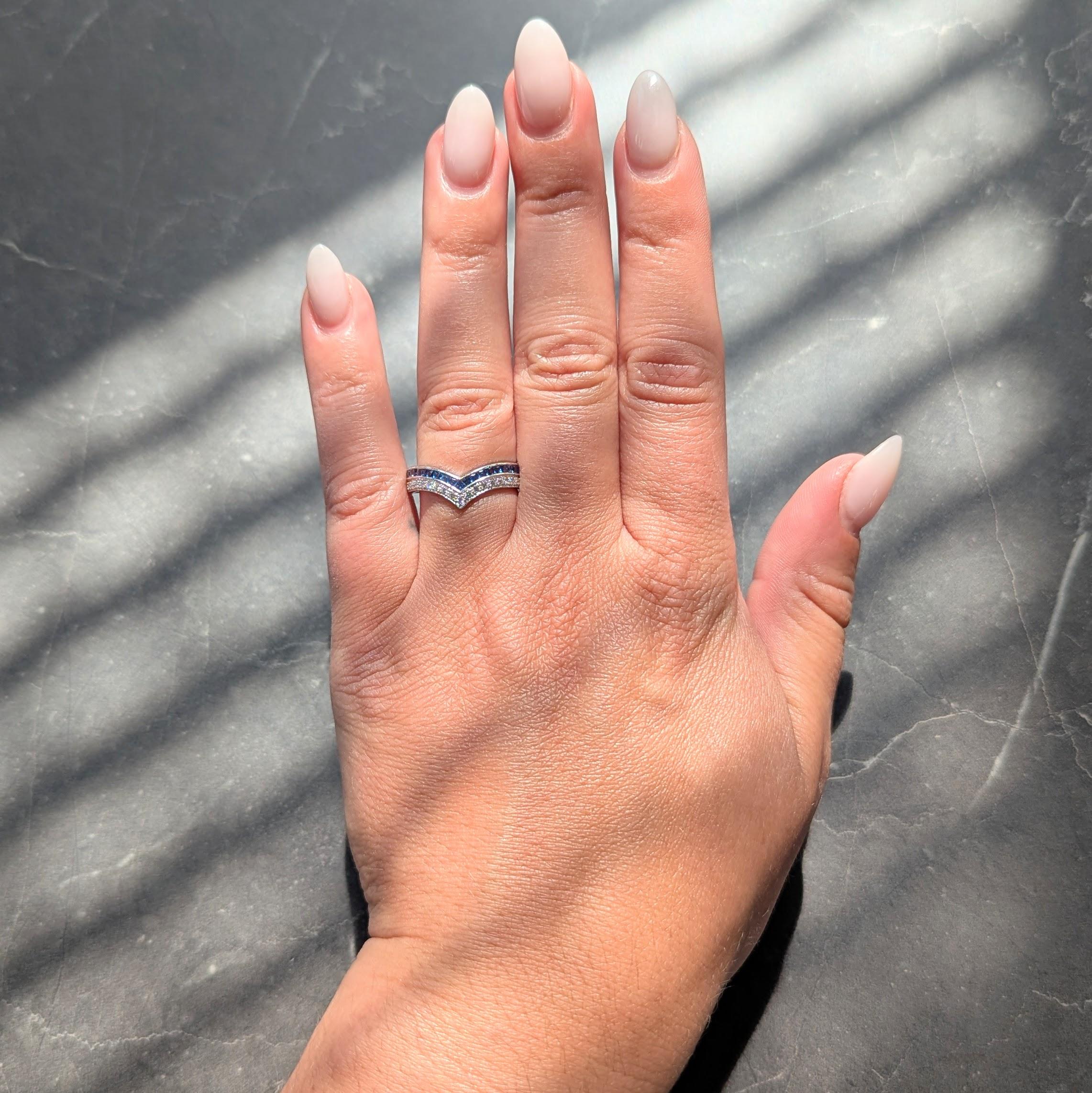 Contemporary French Cut Sapphire Diamond 14K Gold Chevron Contour Band Ring