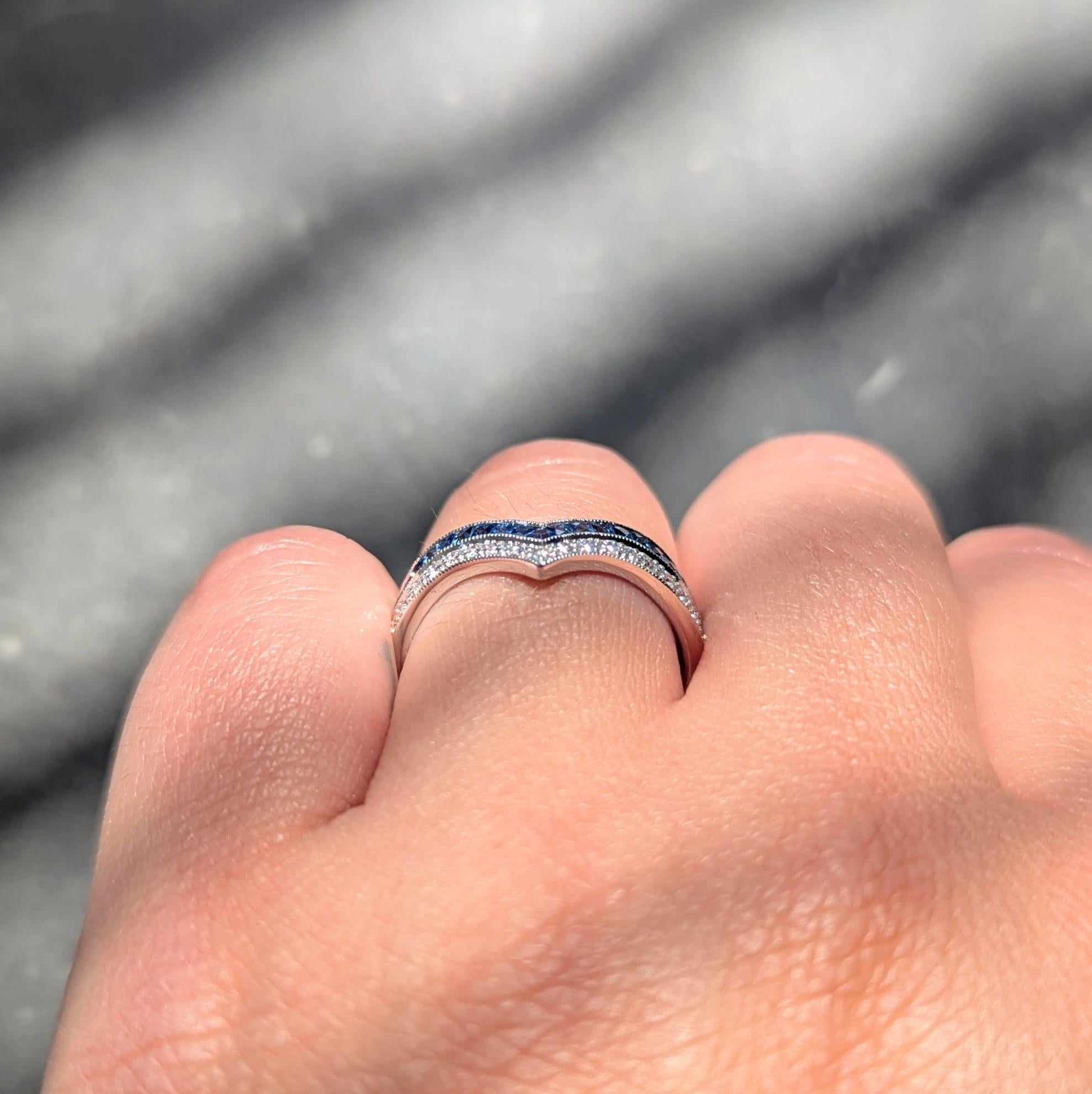 Contemporary French Cut Sapphire Diamond 14K Gold Chevron Contour Band Ring
