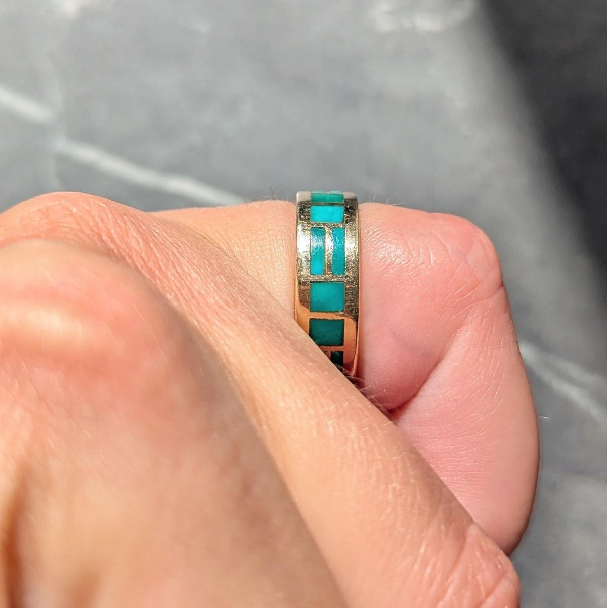 Zuni Sheldon & Nancy Westika 1981 Turquoise 14K Gold Vintage Inlay Band Ring