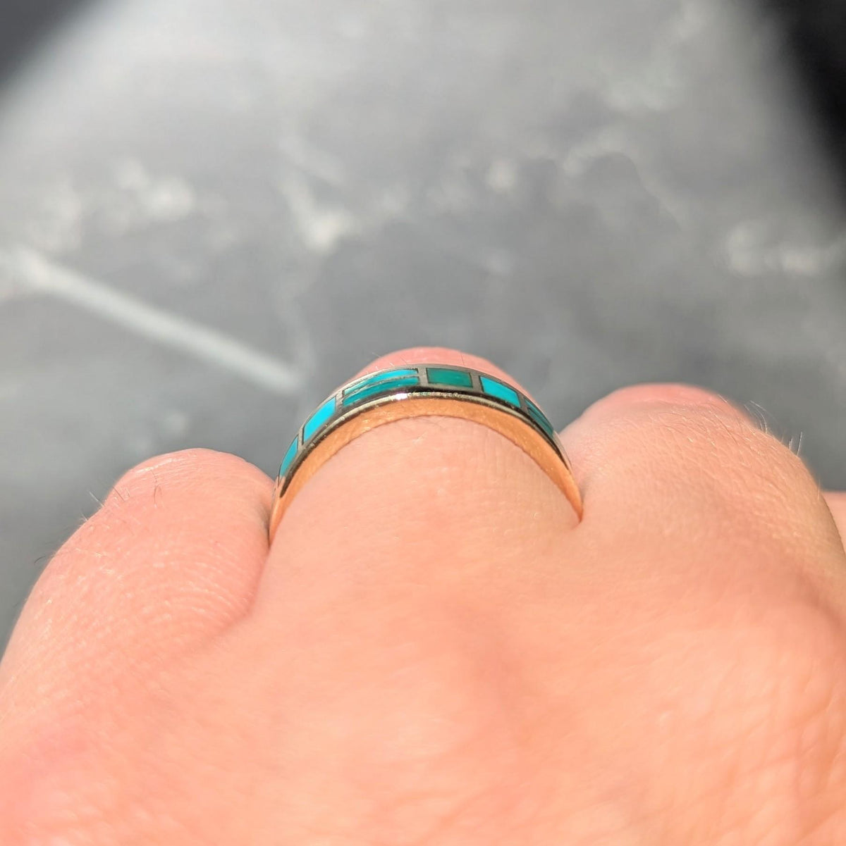 Zuni Sheldon & Nancy Westika 1981 Turquoise 14K Gold Vintage Inlay Band Ring