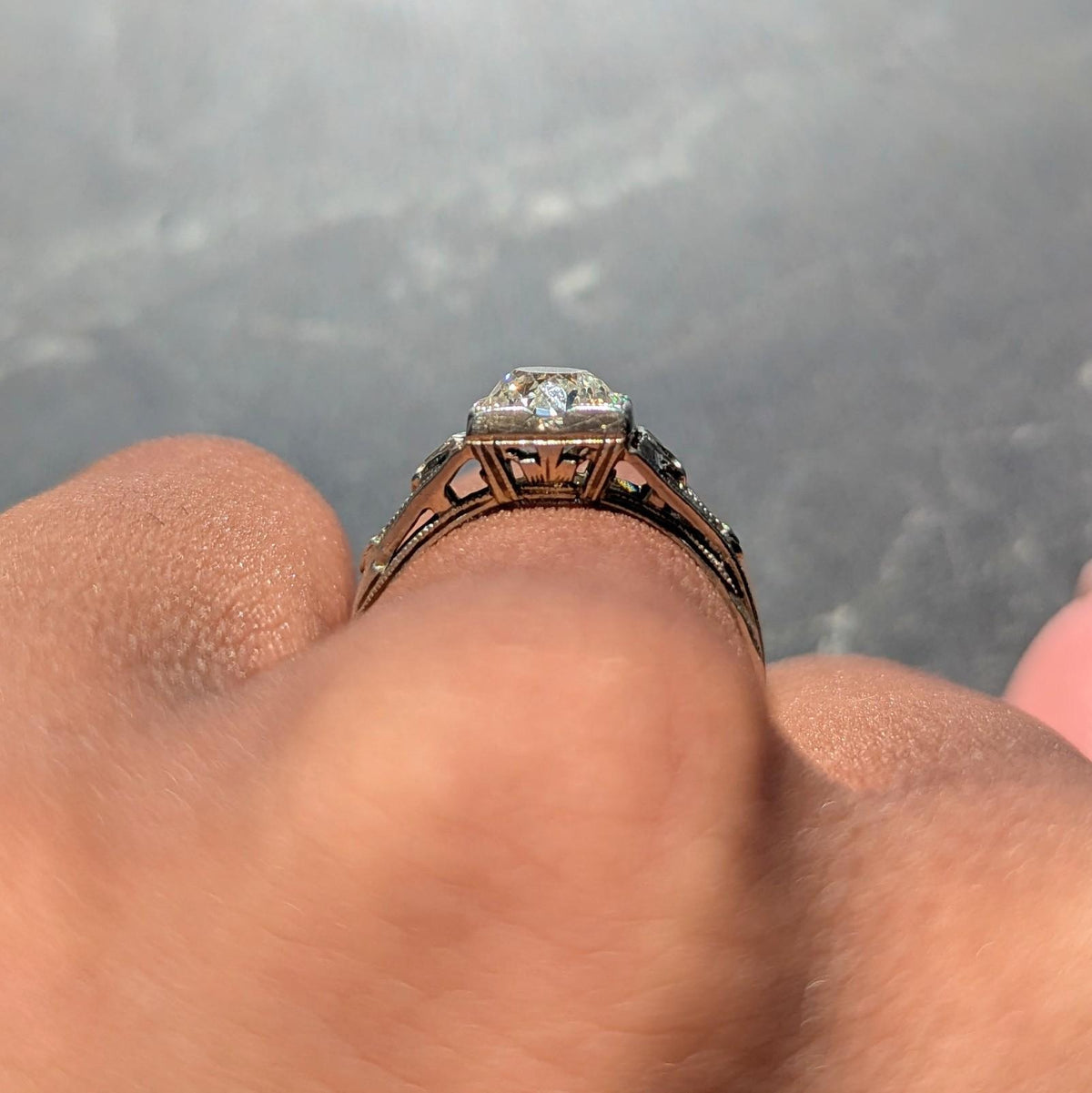 Art Deco Old Mine Diamond 18 Karat White Gold Antique Lotus Engagement Ring GIA