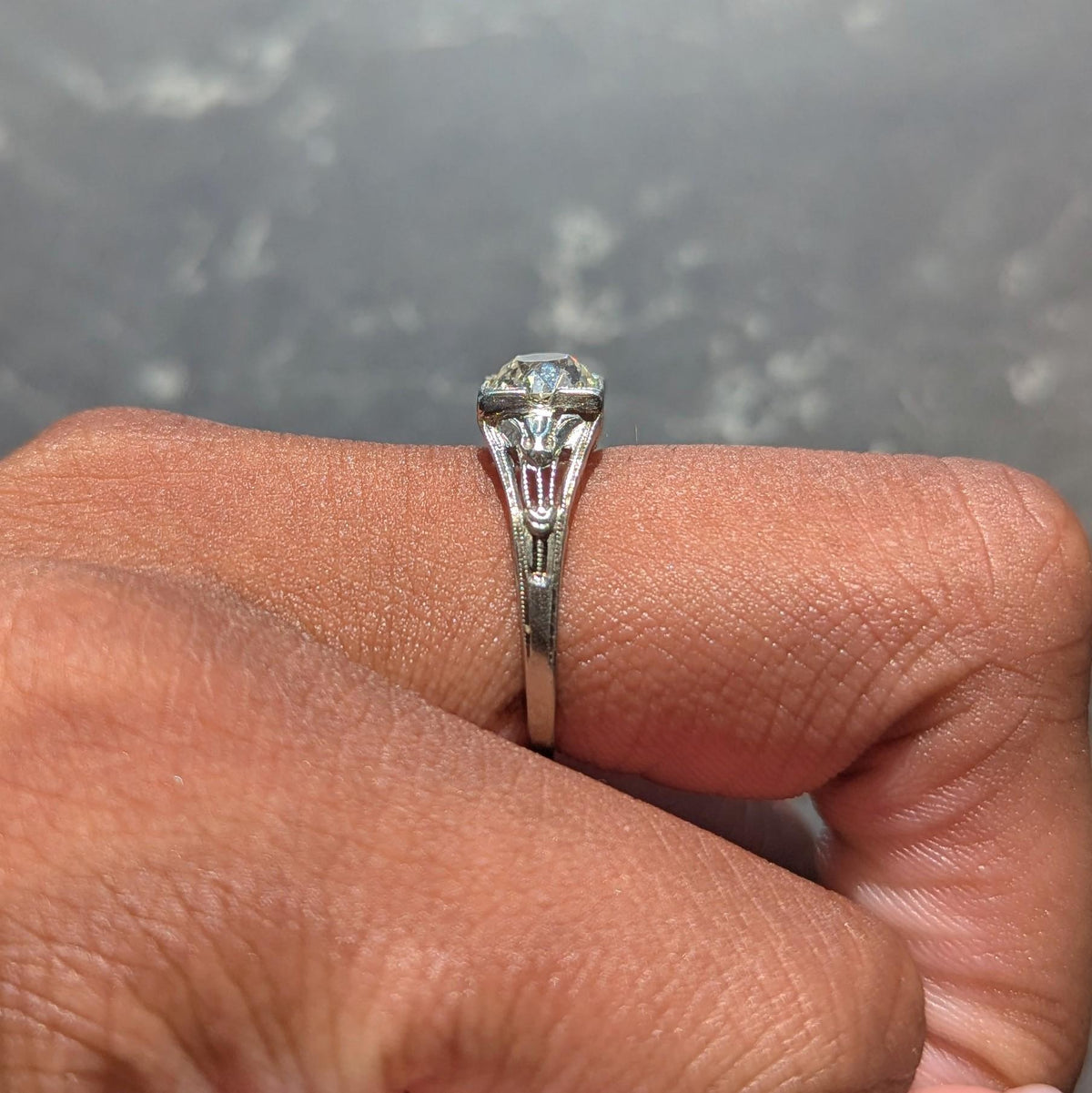 Art Deco Old Mine Diamond 18 Karat White Gold Antique Lotus Engagement Ring GIA