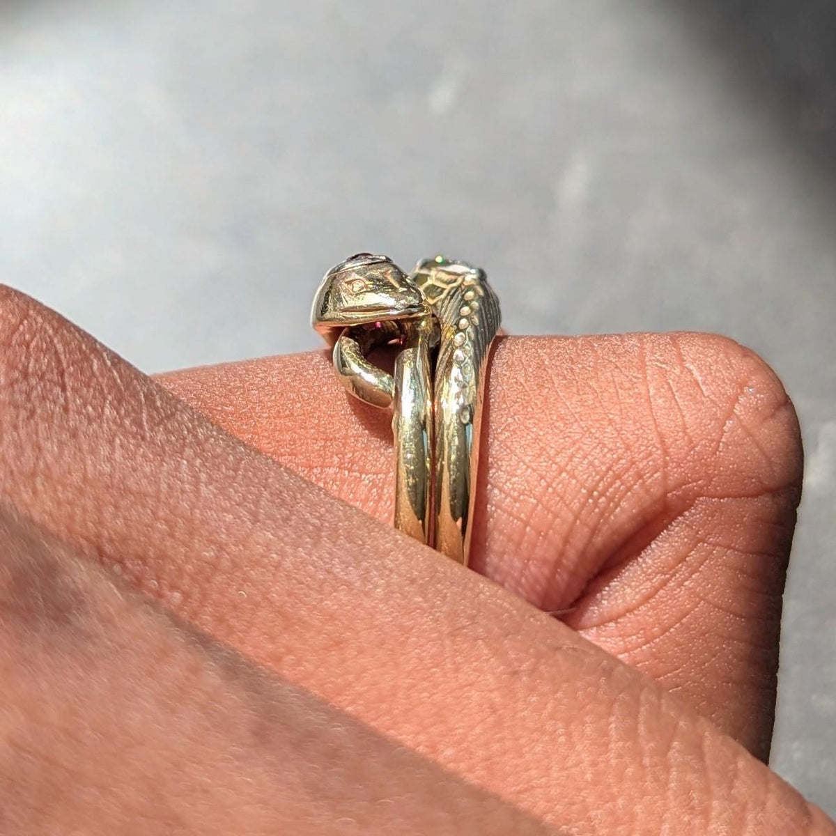 Vintage Ruby Diamond 14 Karat Two-Tone Gold Lovers Knot Unisex Snake Band Ring