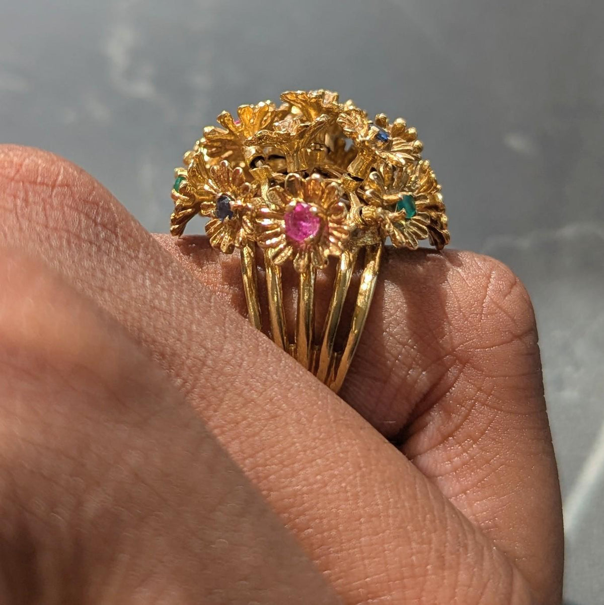1960's Multi-Gem 18 Karat Yellow Gold Vintage En Tremblant Flower Ring
