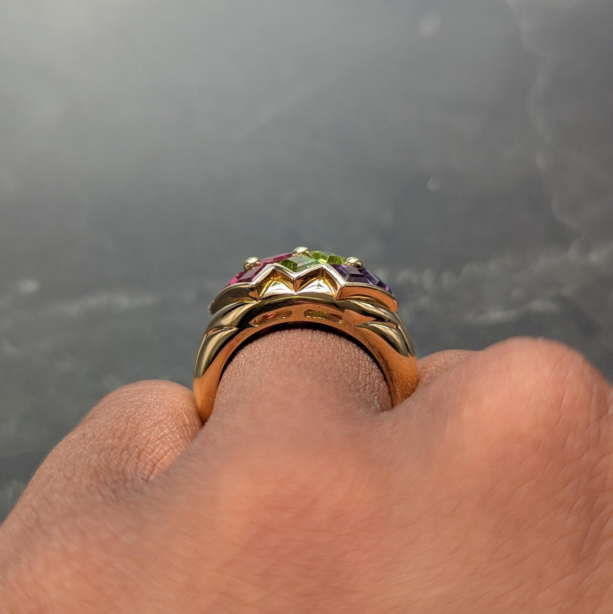 Bulgari 1980 Amethyst Peridot Tourmaline 18K Yellow Gold Vintage Statement Ring