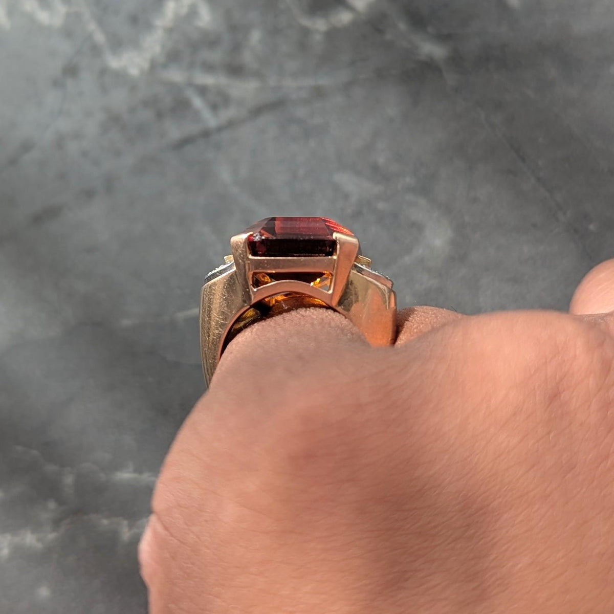 French 1939 Citrine Diamond 18 Karat Rose Gold Platinum Vintage Cocktail Ring