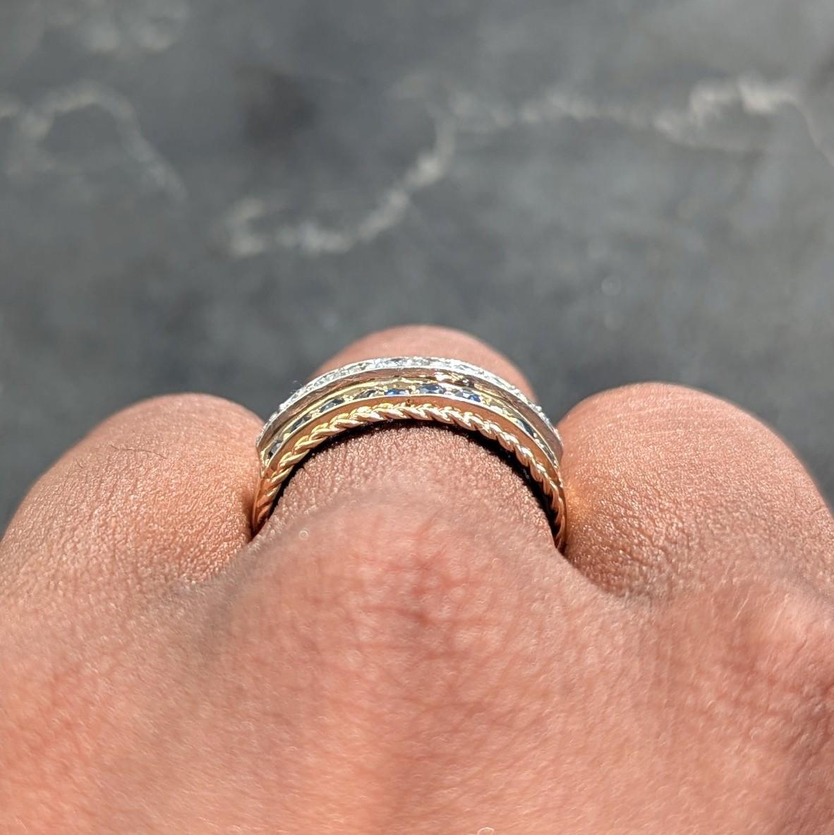 1960's Diamond Sapphire Platinum 14K Gold Vintage Twisted Rope Wide Band Ring
