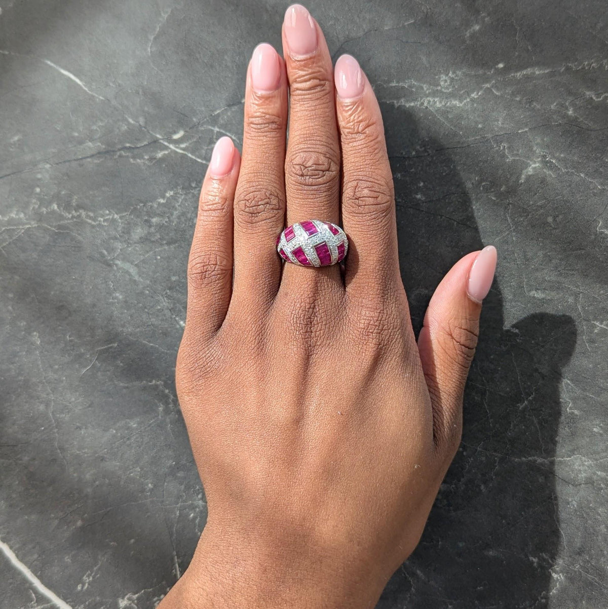 Contemporary 6.36 CTW Ruby Diamond 18 Karat White Gold Dome Weave Ring