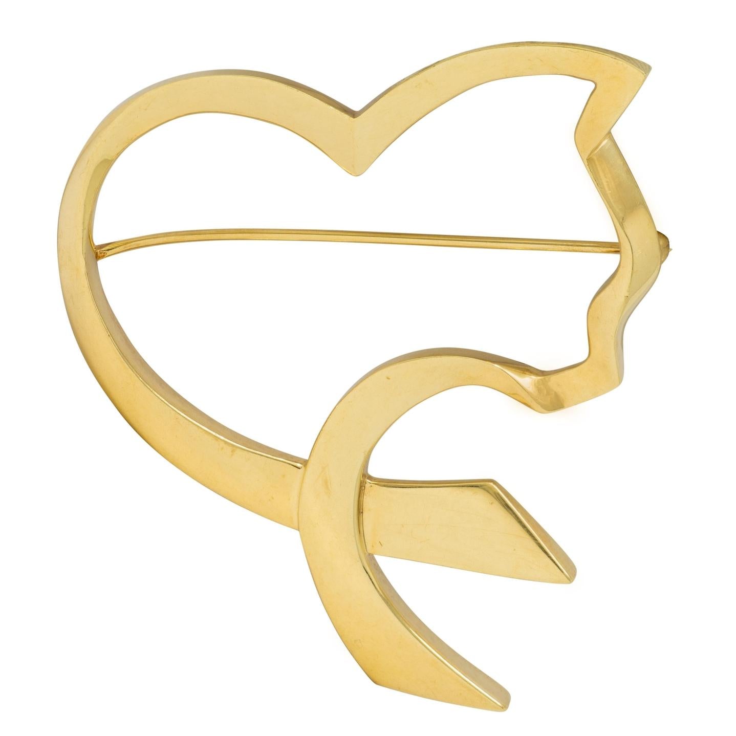 Tiffany & Co. Paloma Picasso 1990's 18K Yellow Gold Vintage Cat Heart Brooch