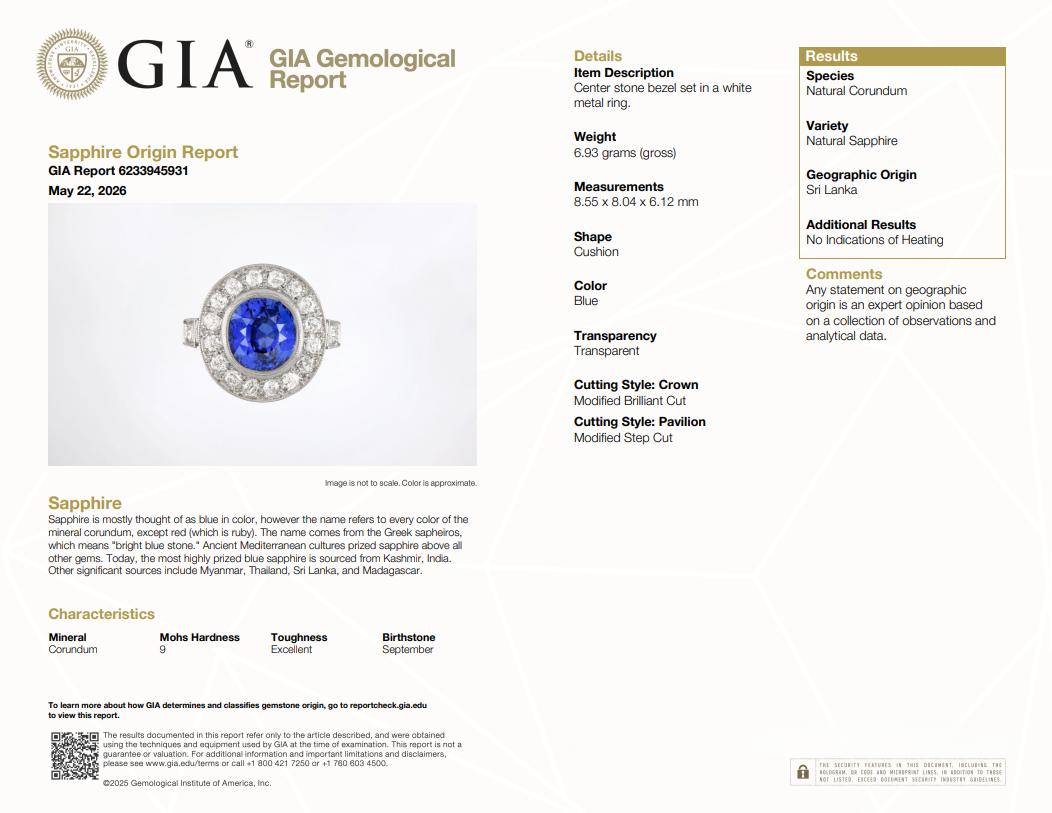 Art Deco 4.80 CTW No Heat Ceylon Sapphire Diamond Platinum Vintage Halo Ring GIA