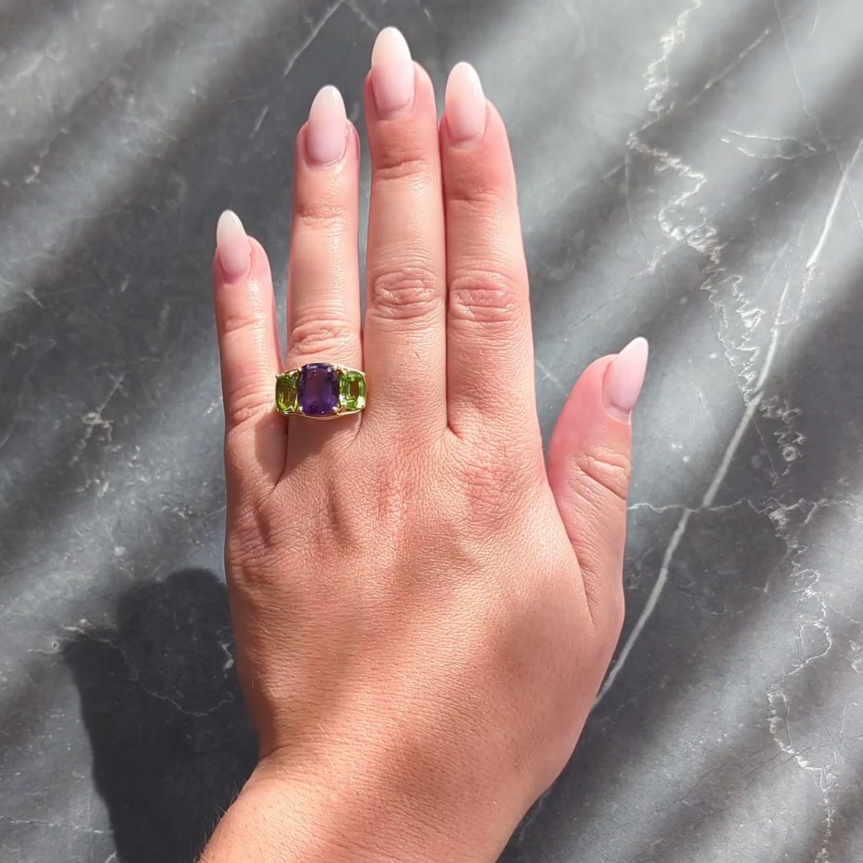 Verdura 1990's Amethyst Peridot 18 Karat Yellow Gold Vintage Three Stone Ring